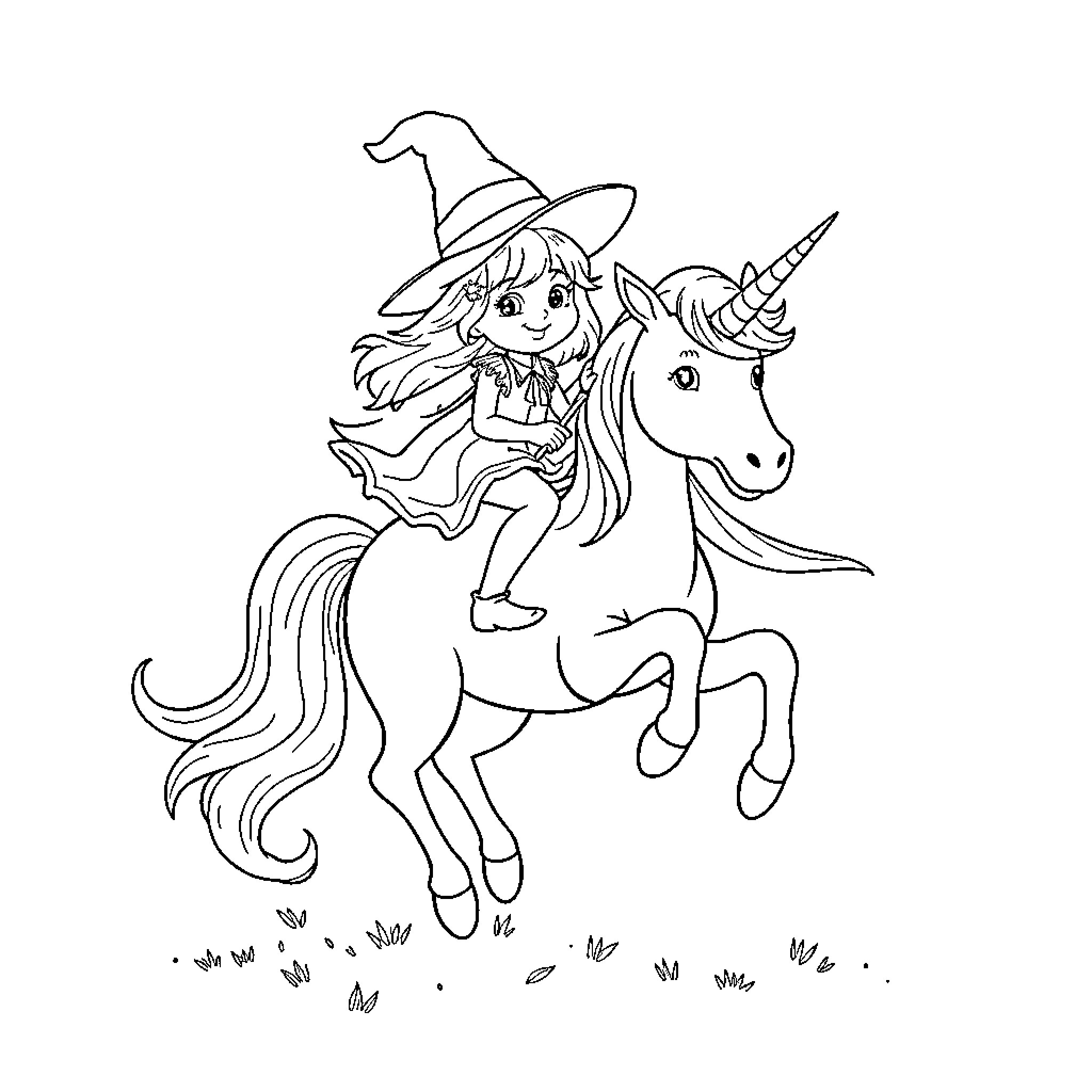 Kiki's Magical Unicorn Adventure Coloring Page (free black-and-white line drawing printable PDF for all, from beginners to advanced learners, including children, teens, adults, and seniors)