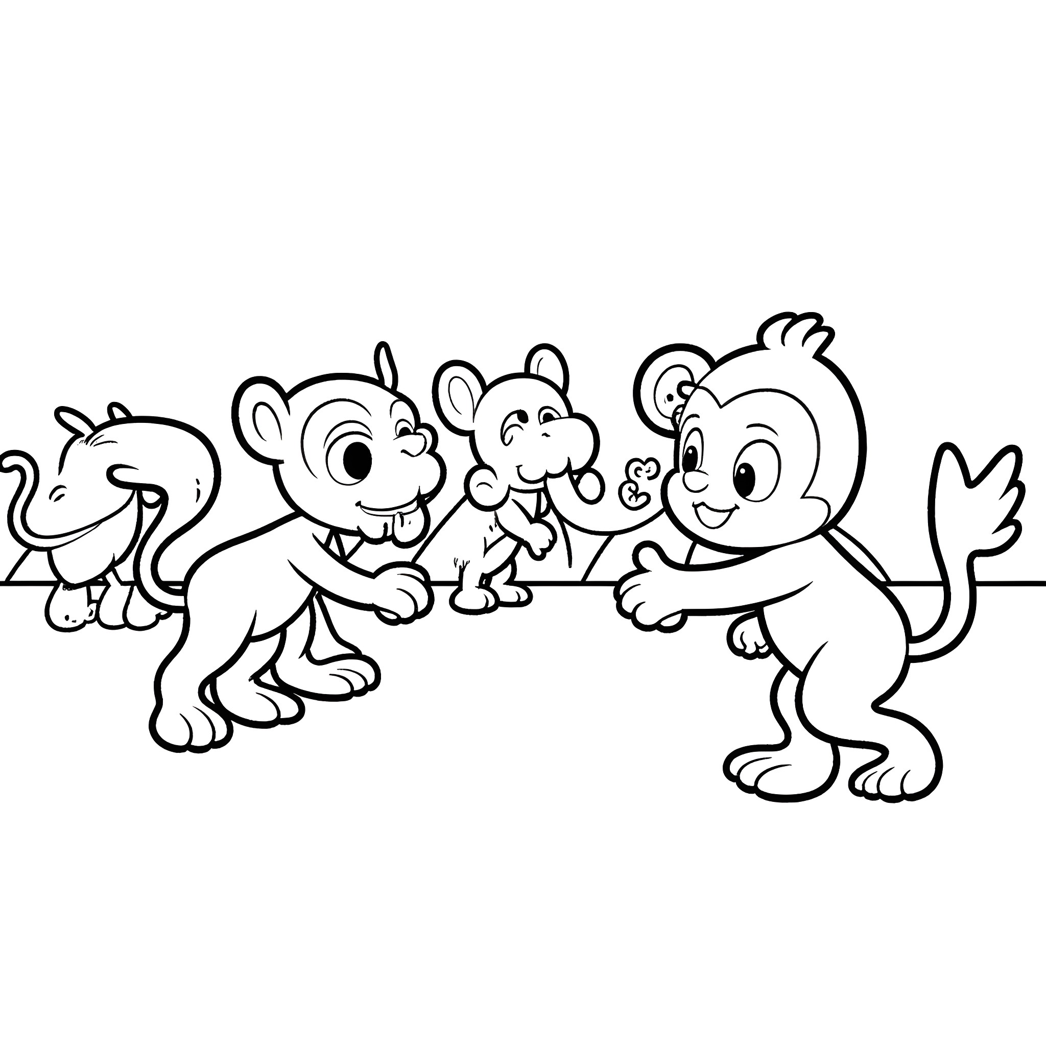 Bluey and friends playing happily together Coloring Page (free black-and-white line drawing printable PDF for all, from beginners to advanced learners, including children, teens, adults, and seniors)