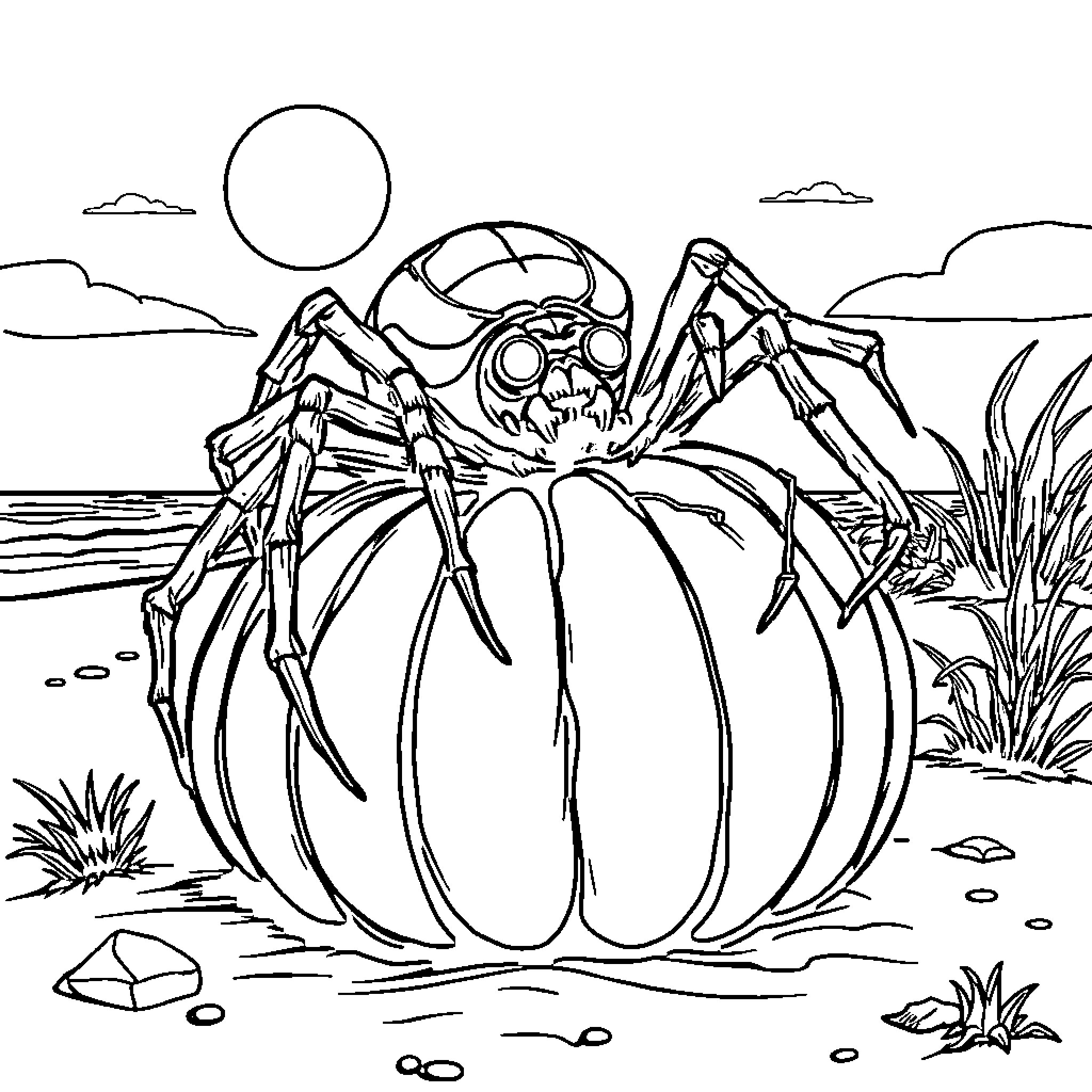 Spider monster lurking on a pumpkin in the wilderness Coloring Page (free black-and-white line drawing printable PDF for all, from beginners to advanced learners, including children, teens, adults, and seniors)