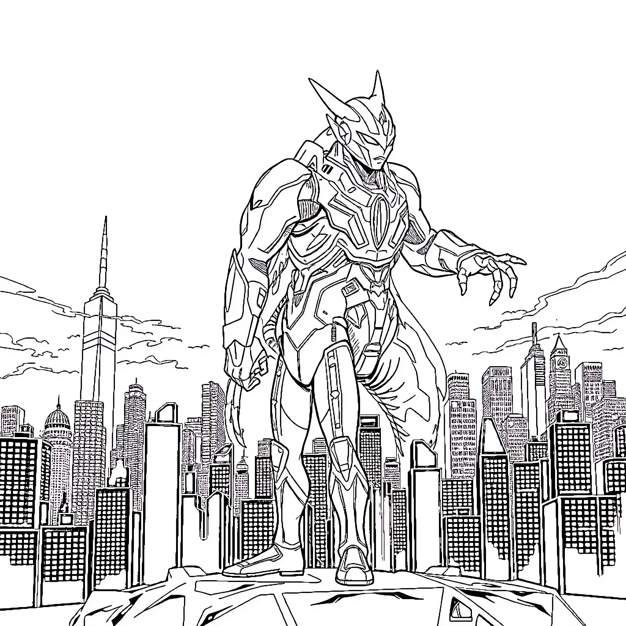 Ultraman Battling in the City Skyline Coloring Page (free black-and-white line drawing printable PDF for all, from beginners to advanced learners, including children, teens, adults, and seniors)