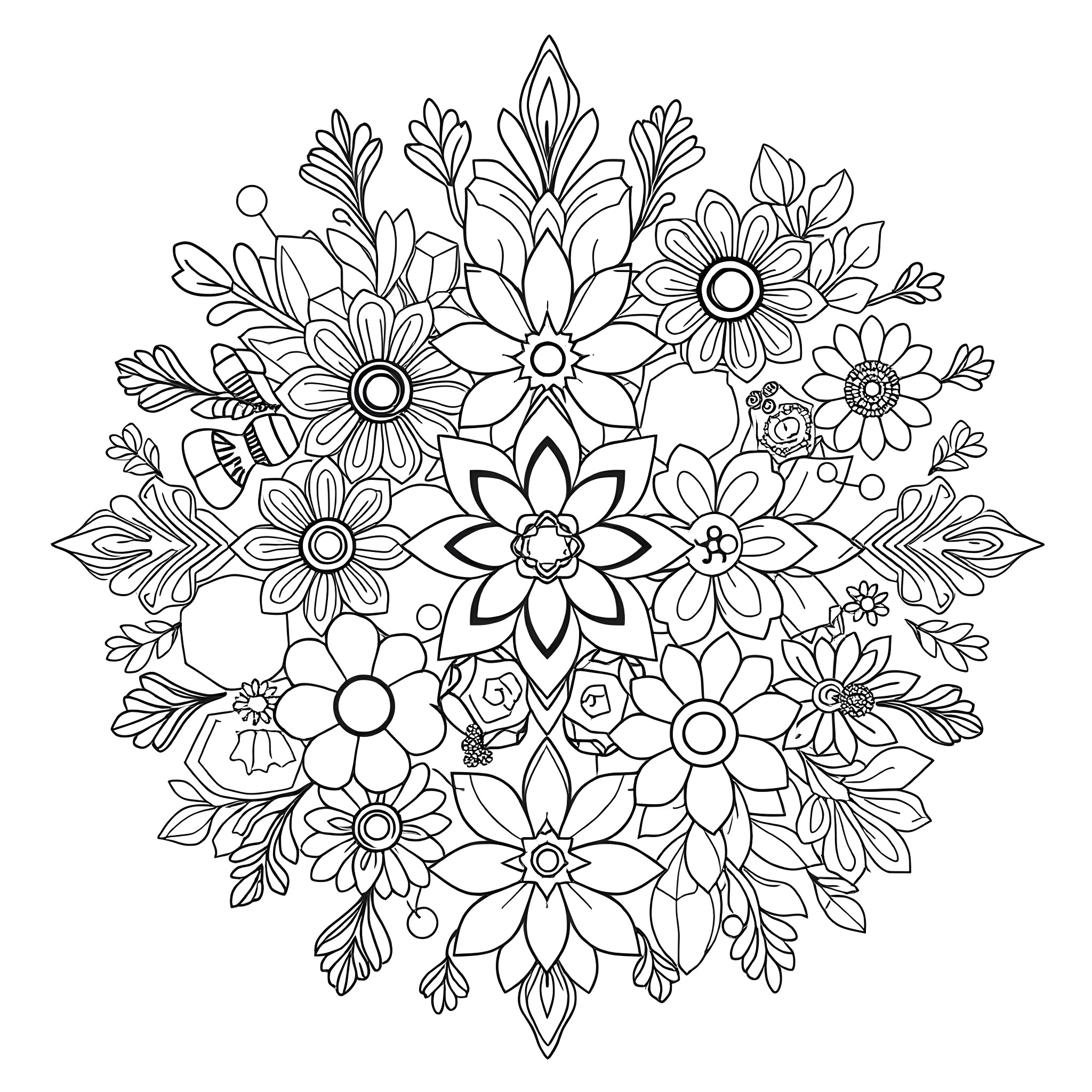 Patchwork of Intricate Floral Designs Coloring Page (free black-and-white line drawing printable PDF for all, from beginners to advanced learners, including children, teens, adults, and seniors)
