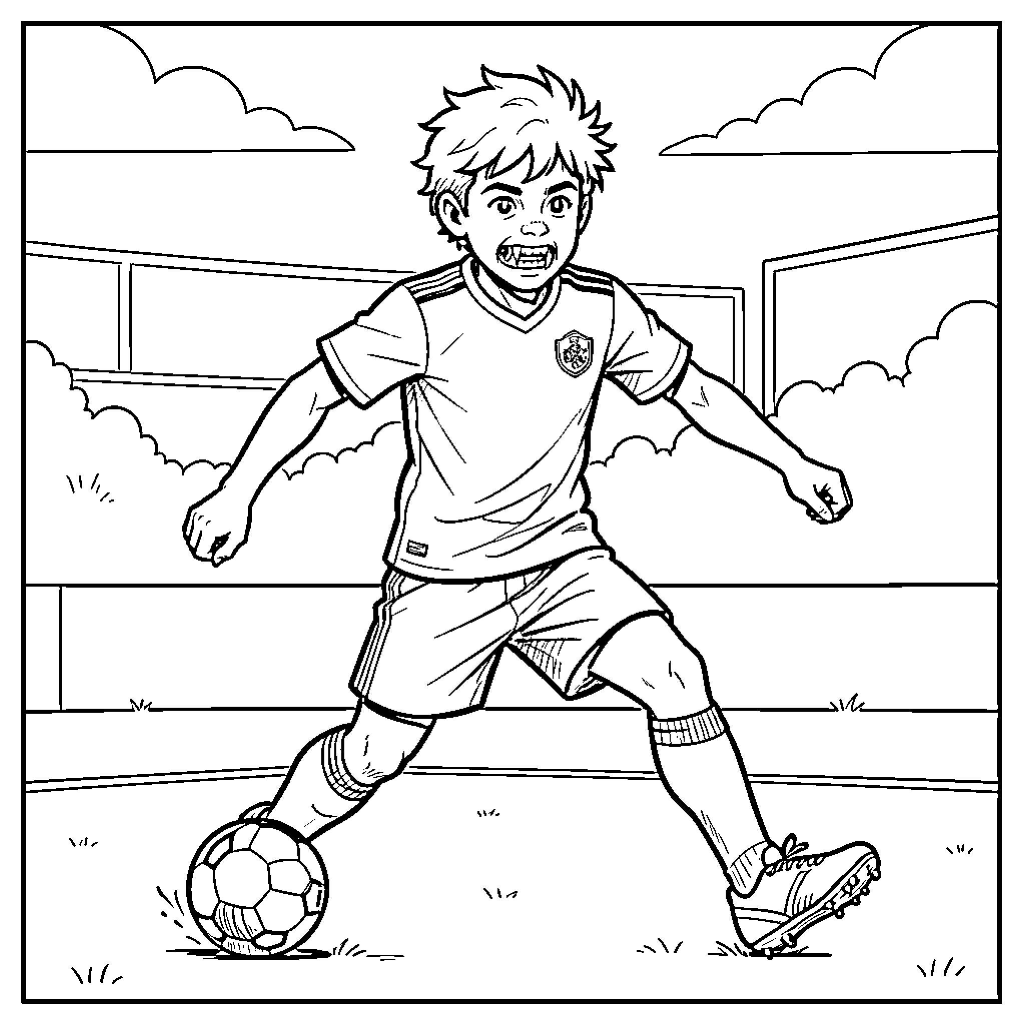 Lamine Yamal dribbling a soccer ball on the field Coloring Page (free black-and-white line drawing printable PDF for all, from beginners to advanced learners, including children, teens, adults, and seniors)
