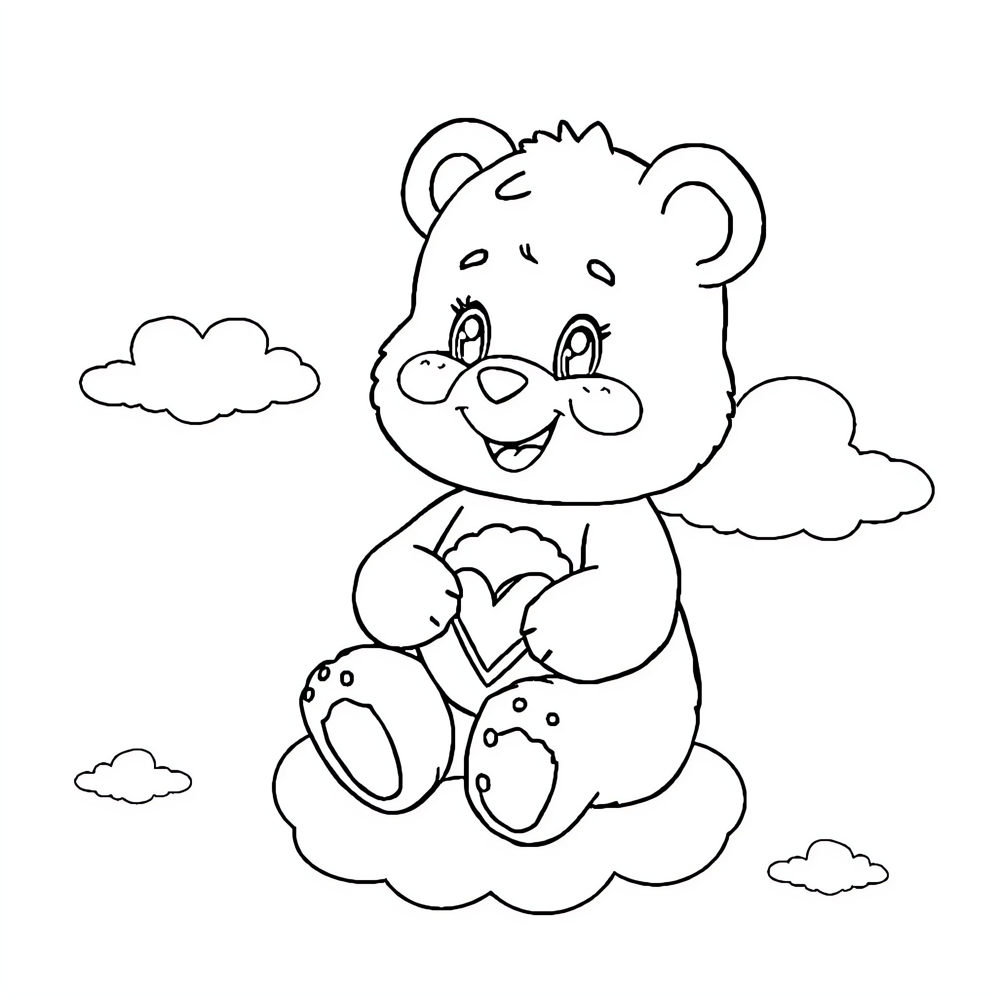 Carebear sitting on a cloud Coloring Page (free black-and-white line drawing printable PDF for all, from beginners to advanced learners, including children, teens, adults, and seniors)