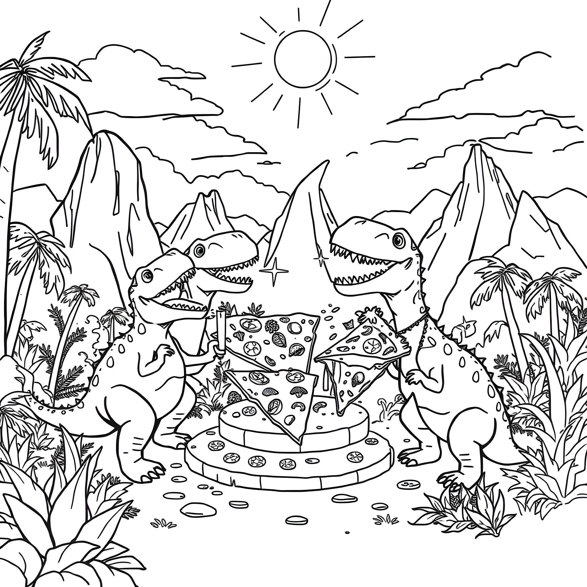 Dinosaurs having a pizza party in the jungle Coloring Page (free black-and-white line drawing printable PDF for all, from beginners to advanced learners, including children, teens, adults, and seniors)
