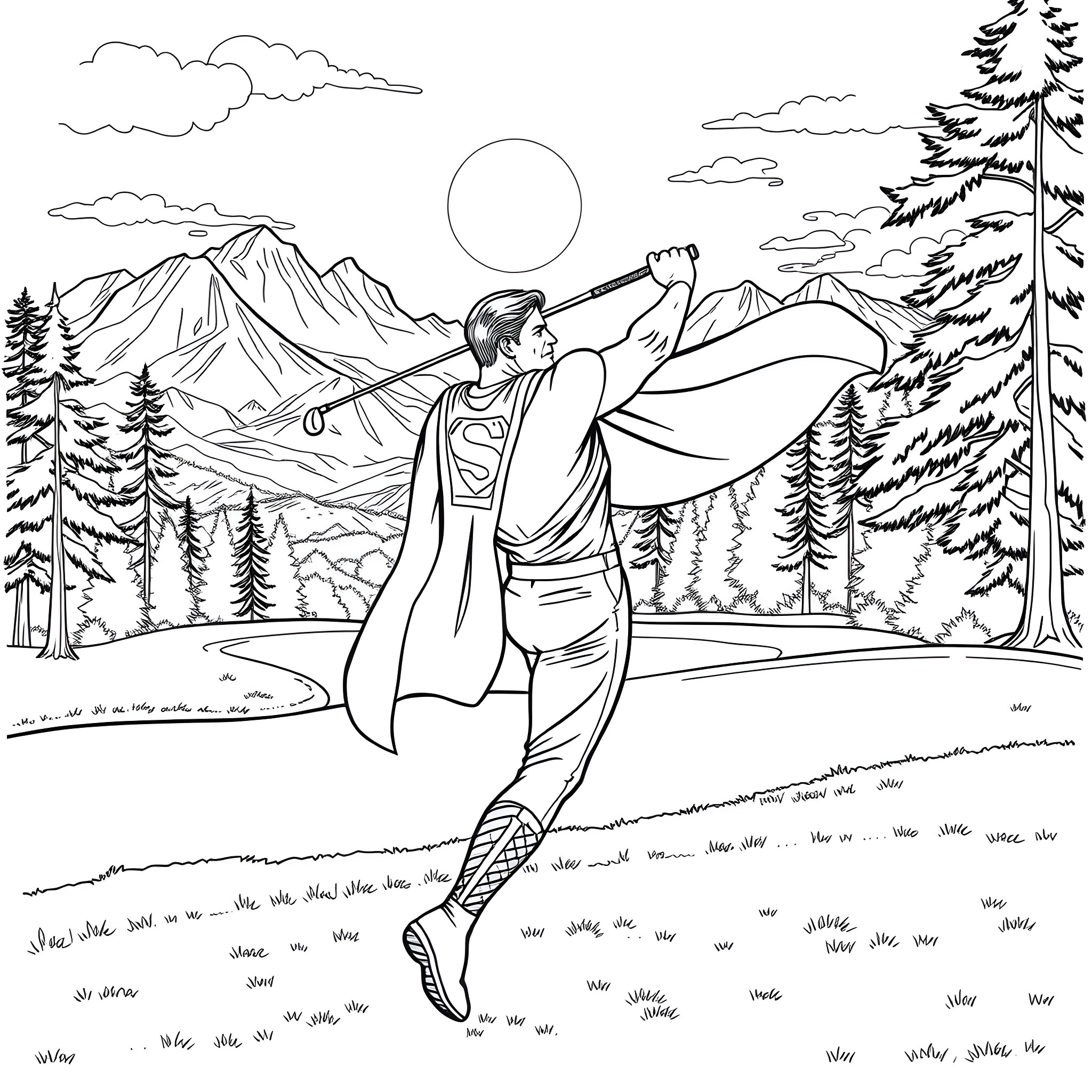 Superman soaring over majestic mountain landscape Coloring Page (free black-and-white line drawing printable PDF for all, from beginners to advanced learners, including children, teens, adults, and seniors)