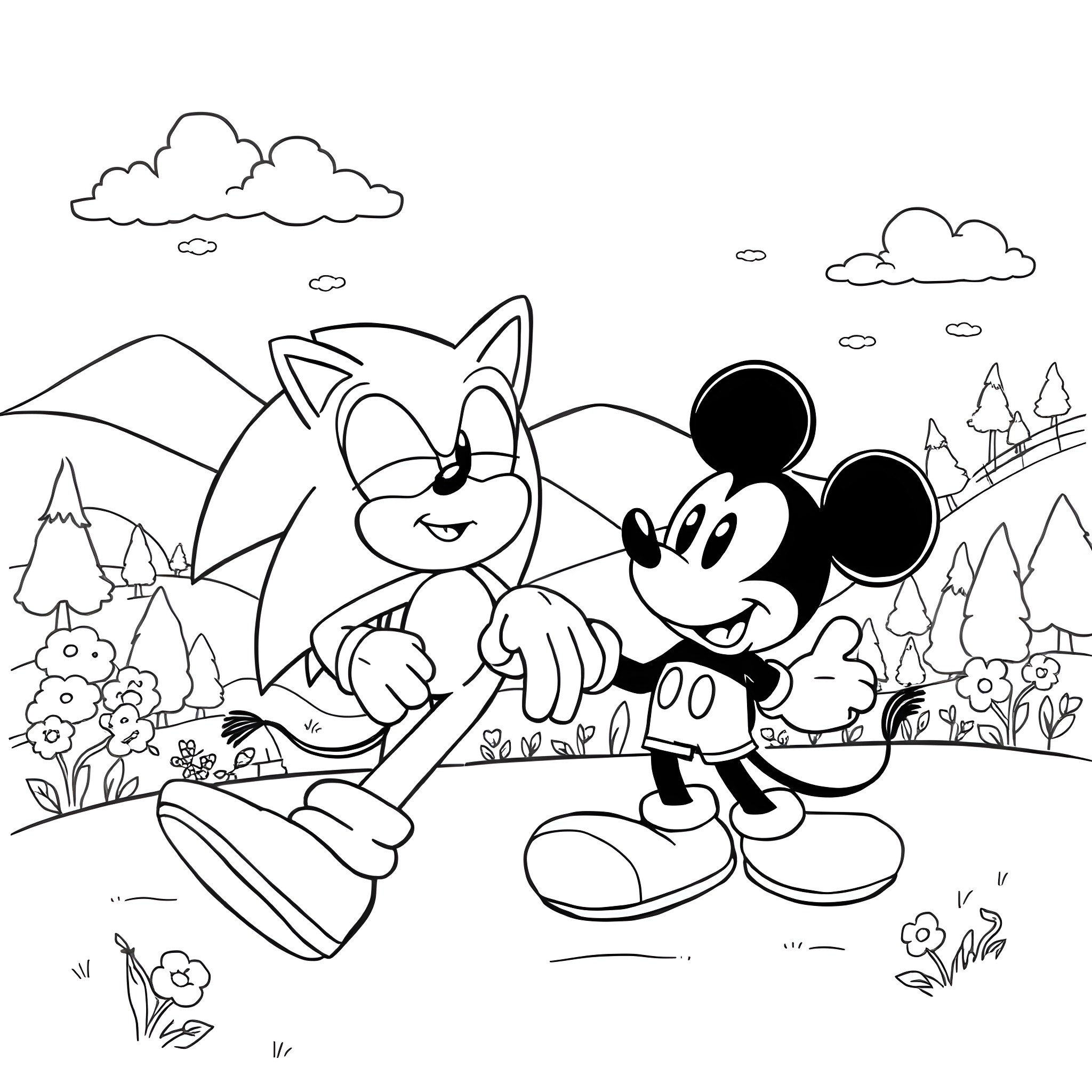 Sonic and Mickey Mouse in Nature Scene Coloring Page (free black-and-white line drawing printable PDF for all, from beginners to advanced learners, including children, teens, adults, and seniors)
