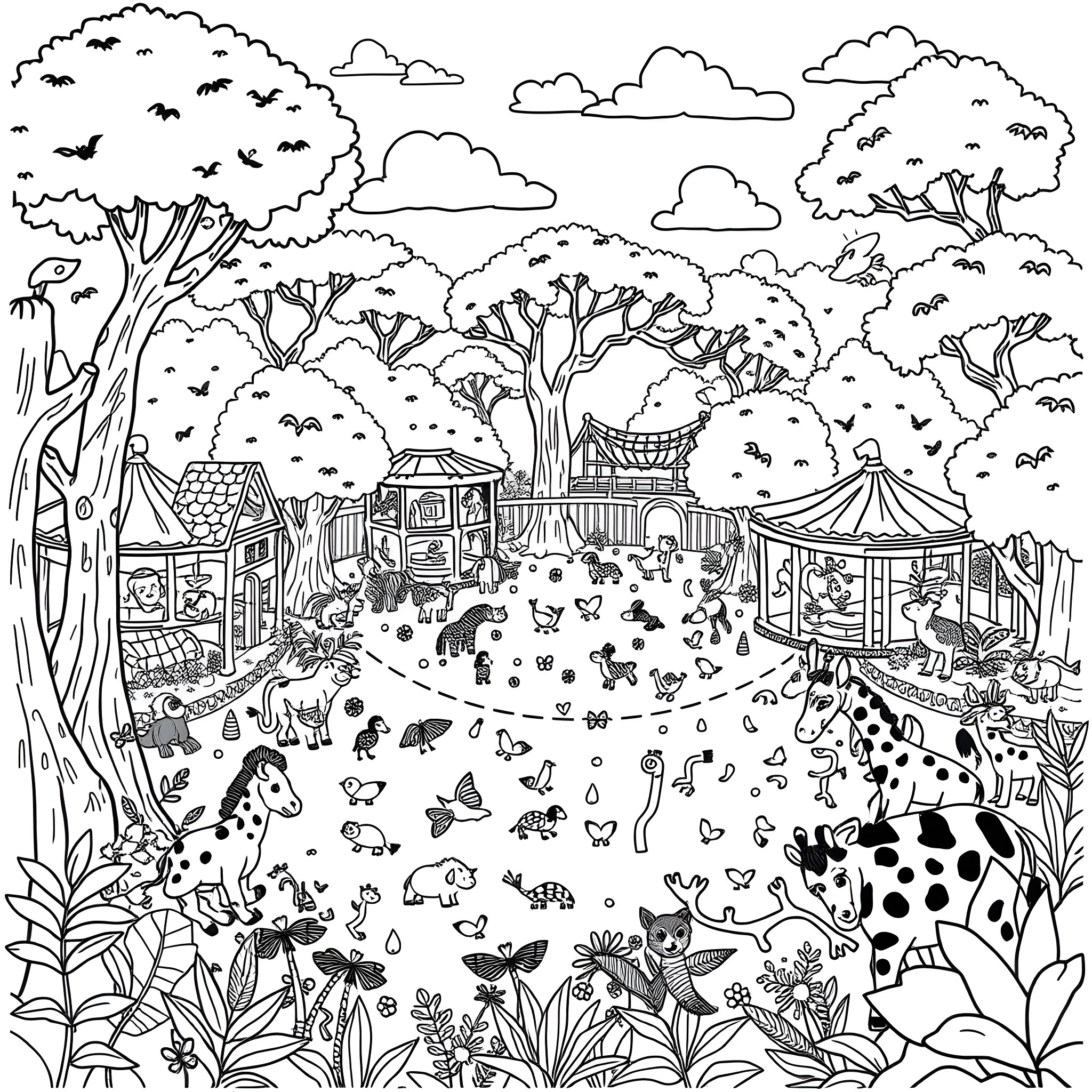 Zoo with various animals and attractions Coloring Page (free black-and-white line drawing printable PDF for all, from beginners to advanced learners, including children, teens, adults, and seniors)