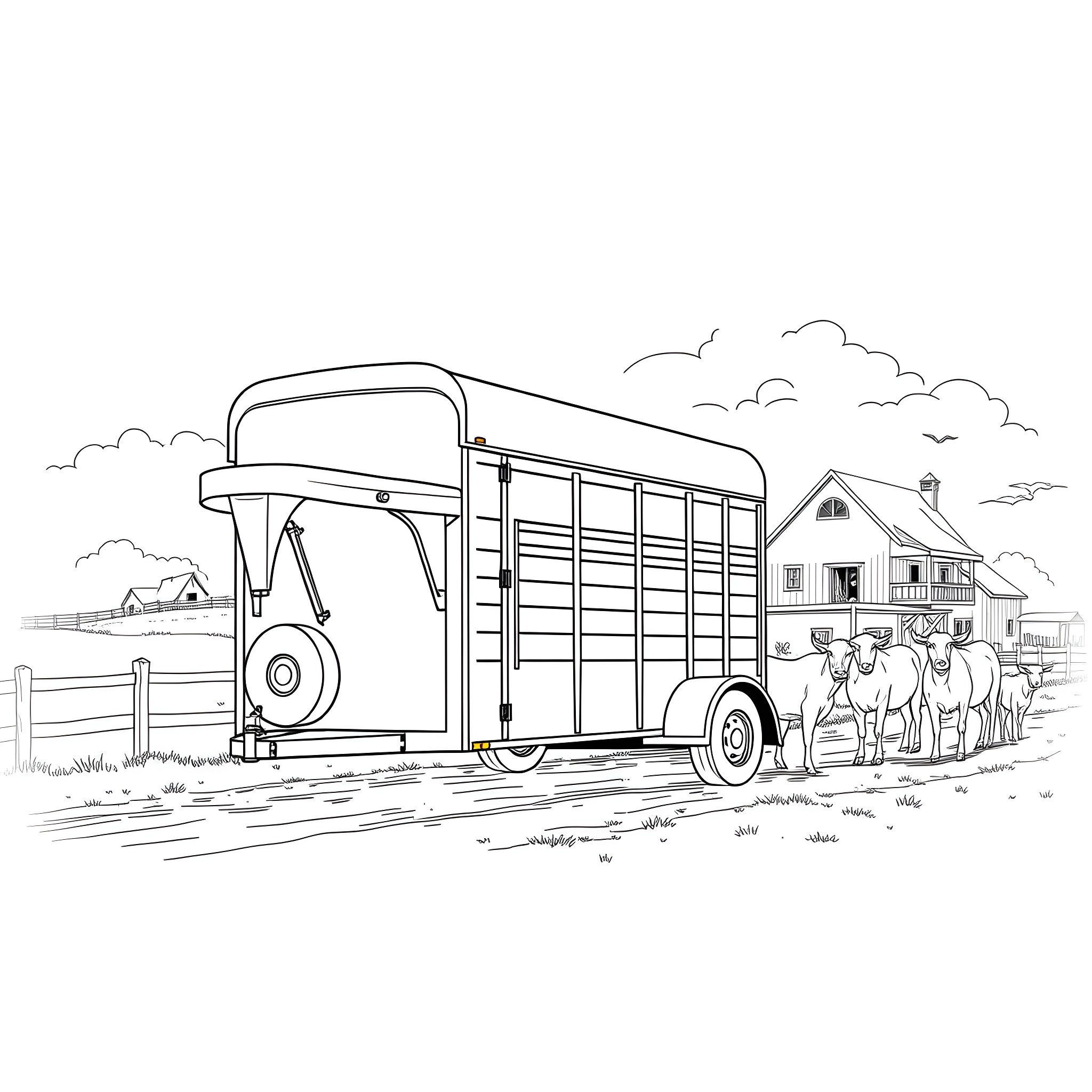 Gooseneck Trailer with Horses on Farm Coloring Page (free black-and-white line drawing printable PDF for all, from beginners to advanced learners, including children, teens, adults, and seniors)
