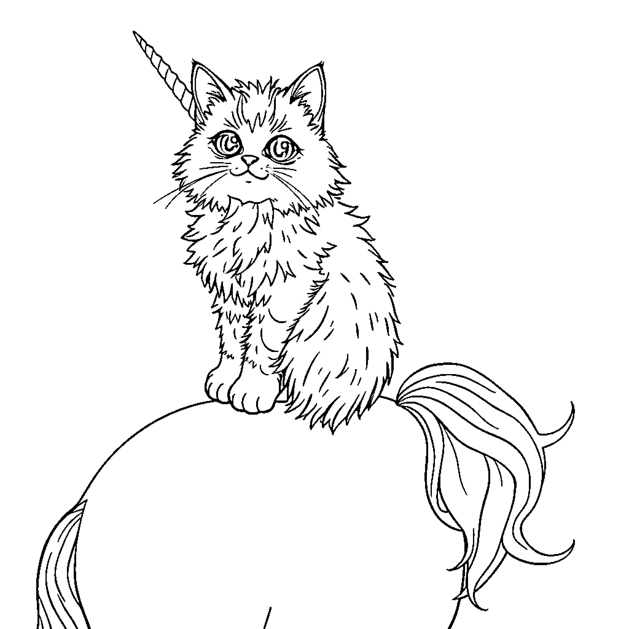 Cat unicorn with mythical tail Coloring Page (free black-and-white line drawing printable PDF for all, from beginners to advanced learners, including children, teens, adults, and seniors)