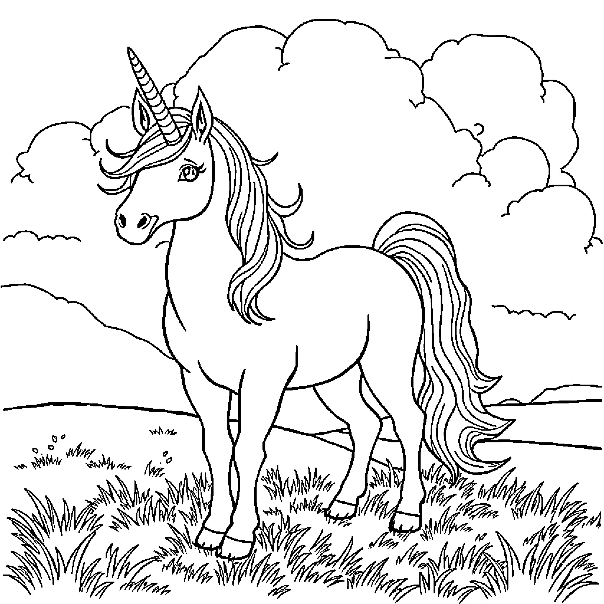 Unicorn standing proudly in a grassy field Coloring Page (free black-and-white line drawing printable PDF for all, from beginners to advanced learners, including children, teens, adults, and seniors)