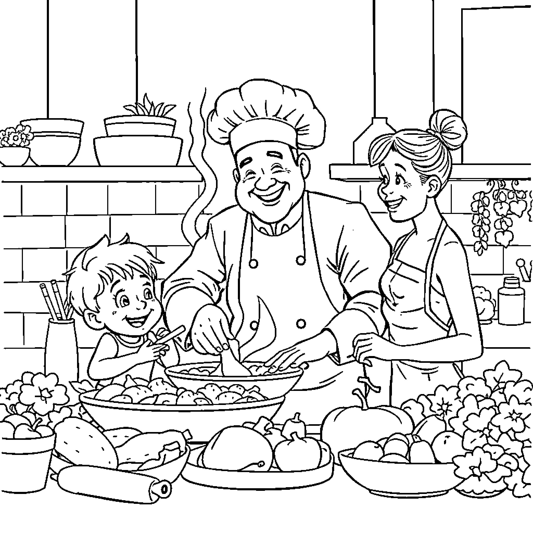 Chef happily cooking with children in the kitchen Coloring Page (free black-and-white line drawing printable PDF for all, from beginners to advanced learners, including children, teens, adults, and seniors)