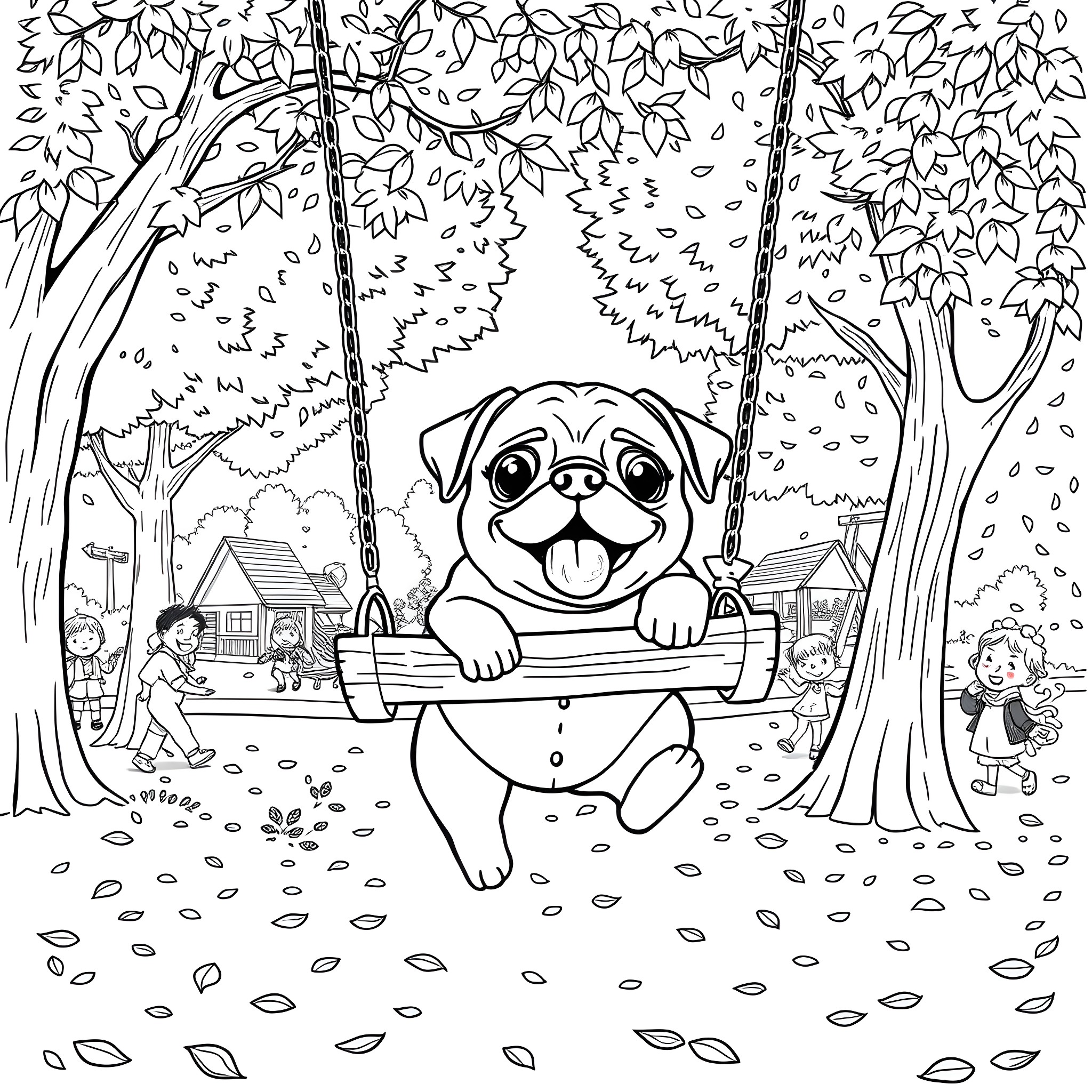 Pug enjoying a swing in the park Coloring Page (free black-and-white line drawing printable PDF for all, from beginners to advanced learners, including children, teens, adults, and seniors)