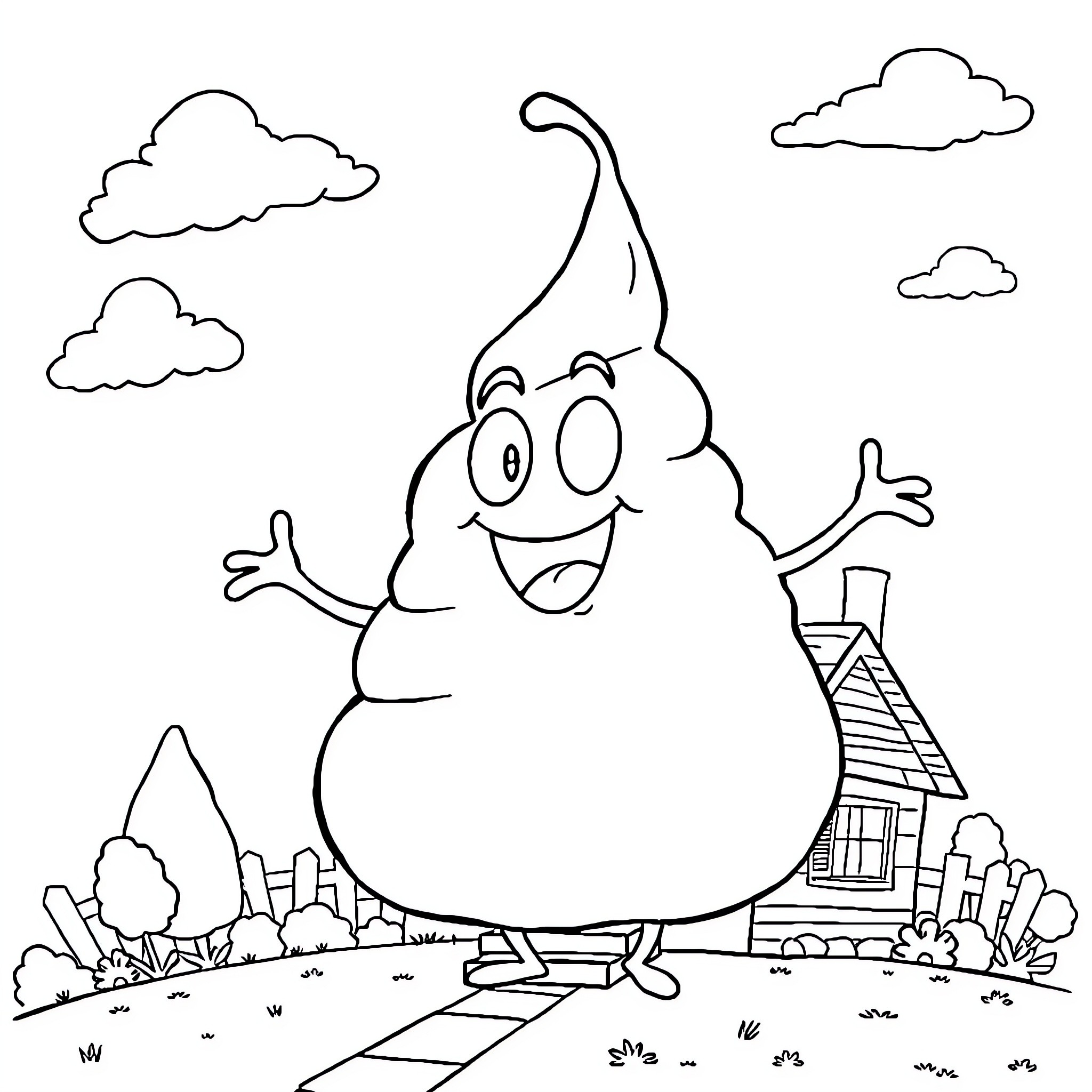 Poop character happily waving on a landscape Coloring Page (free black-and-white line drawing printable PDF for all, from beginners to advanced learners, including children, teens, adults, and seniors)