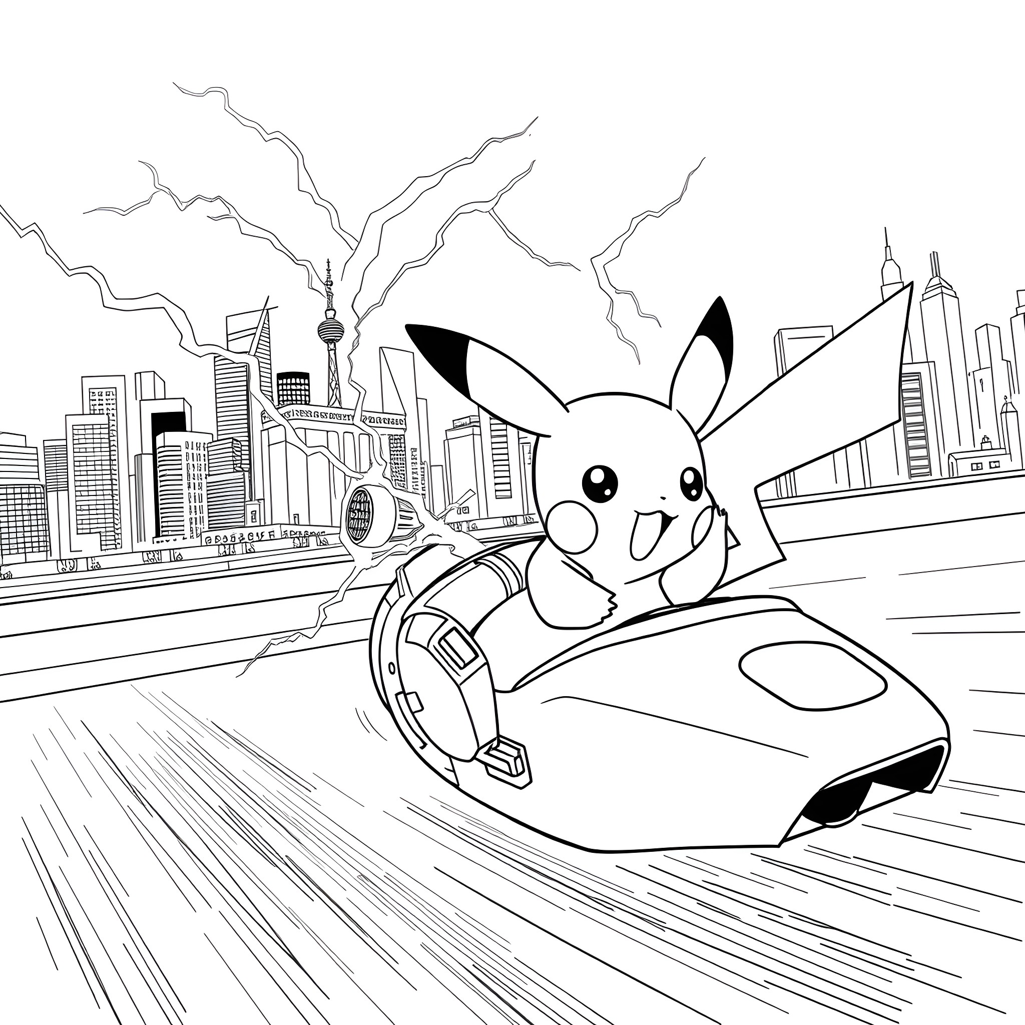 Pikachu racing through the city in a futuristic vehicle Coloring Page (free black-and-white line drawing printable PDF for all, from beginners to advanced learners, including children, teens, adults, and seniors)