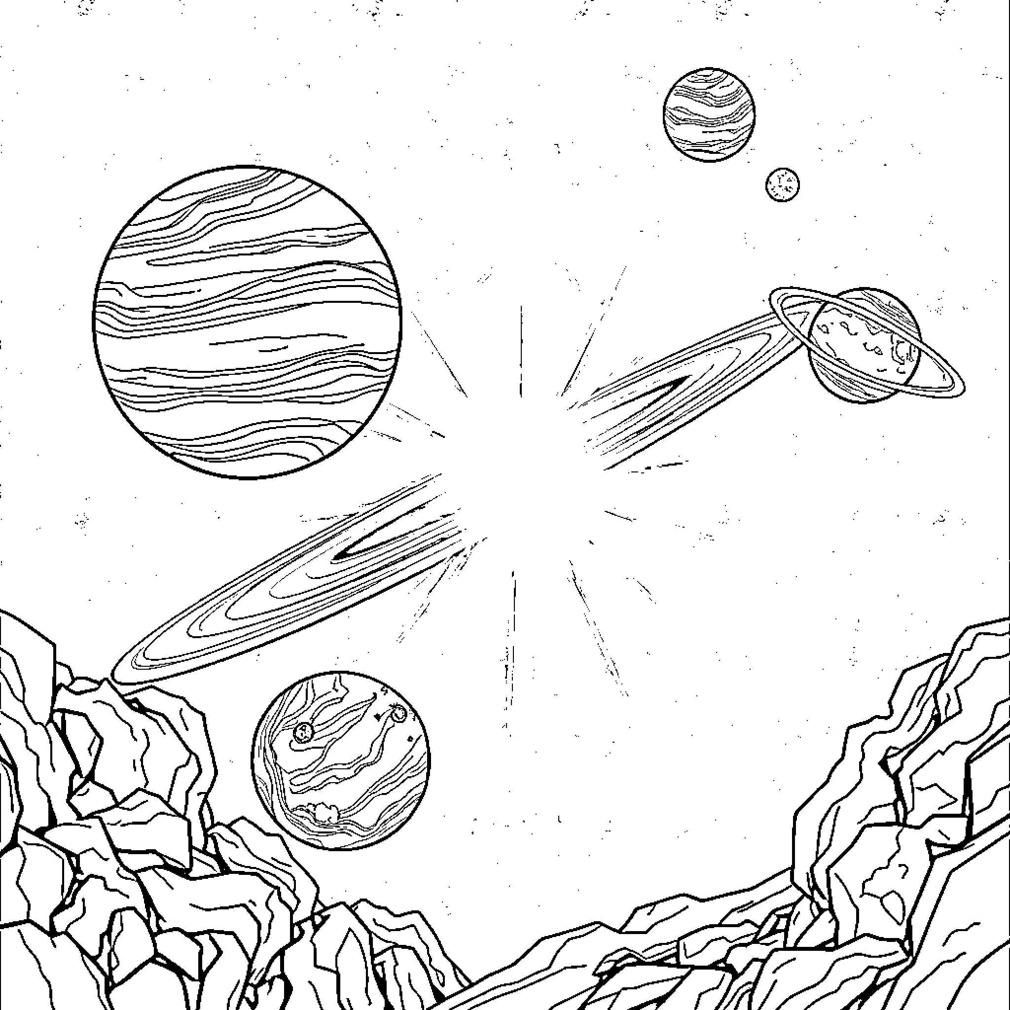 Planet Exploration and Discovery in the Cosmos Coloring Page (free black-and-white line drawing printable PDF for all, from beginners to advanced learners, including children, teens, adults, and seniors)