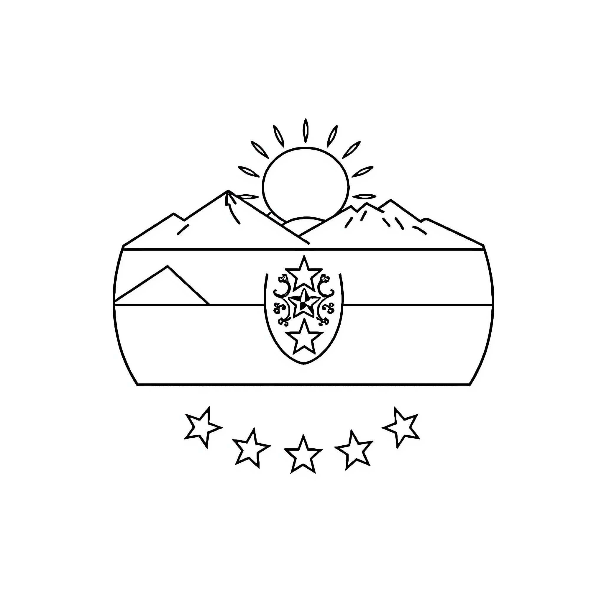 Honduras Coat of Arms with Mountain and Sun Imagery Coloring Page (free black-and-white line drawing printable PDF for all, from beginners to advanced learners, including children, teens, adults, and seniors)