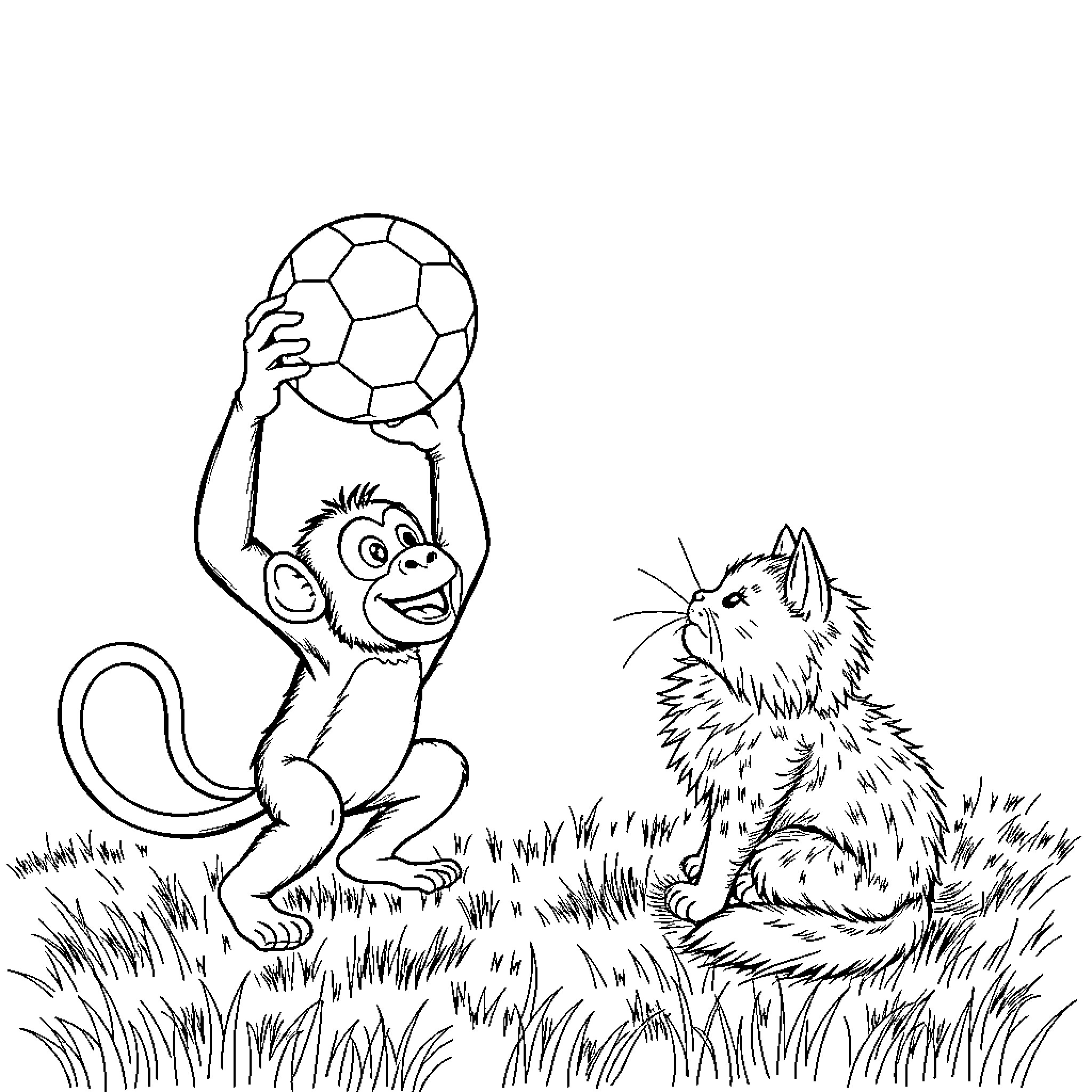 Monkey playing with soccer ball and curious wolf Coloring Page (free black-and-white line drawing printable PDF for all, from beginners to advanced learners, including children, teens, adults, and seniors)