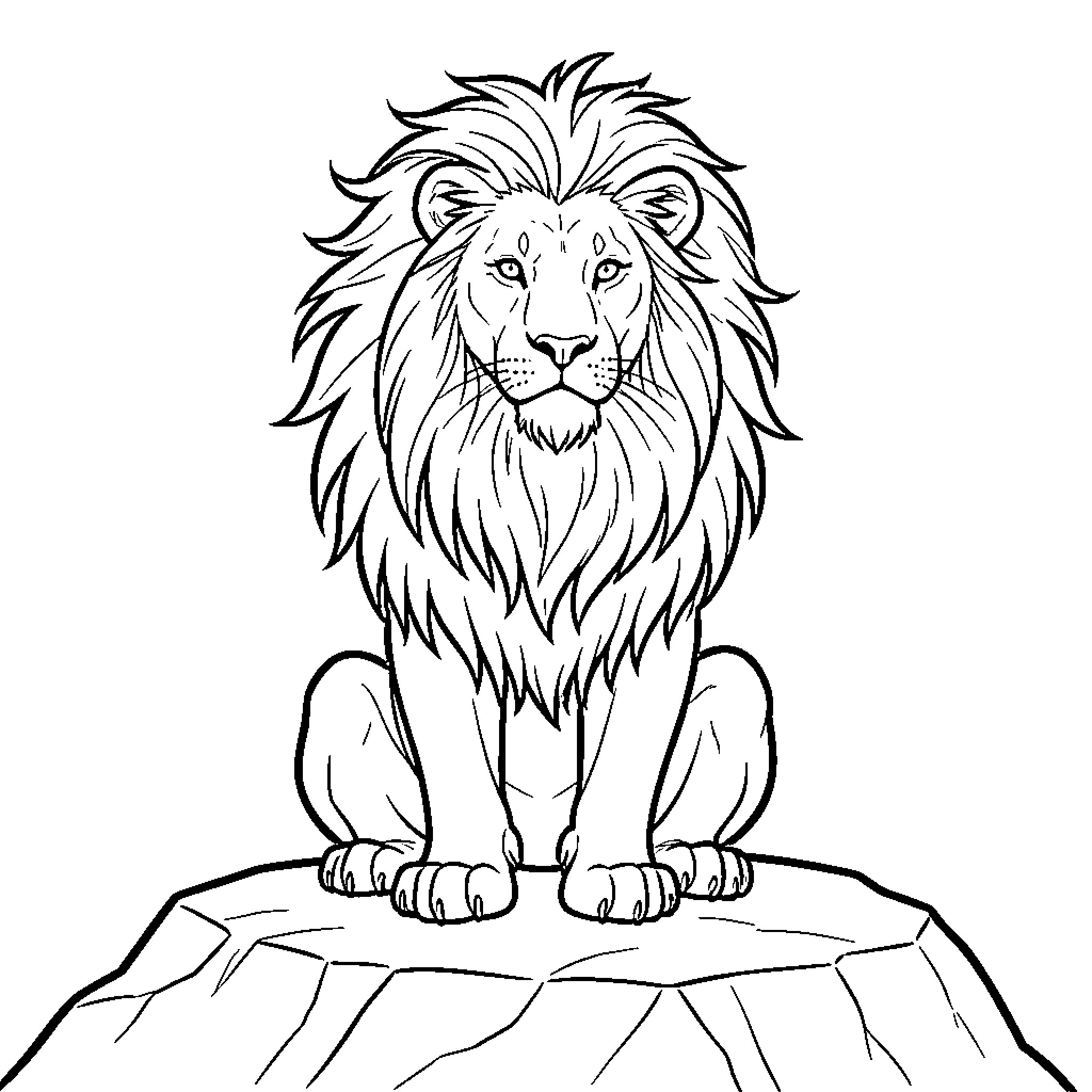 Lion sitting proudly on a rocky cliff Coloring Page (free black-and-white line drawing printable PDF for all, from beginners to advanced learners, including children, teens, adults, and seniors)