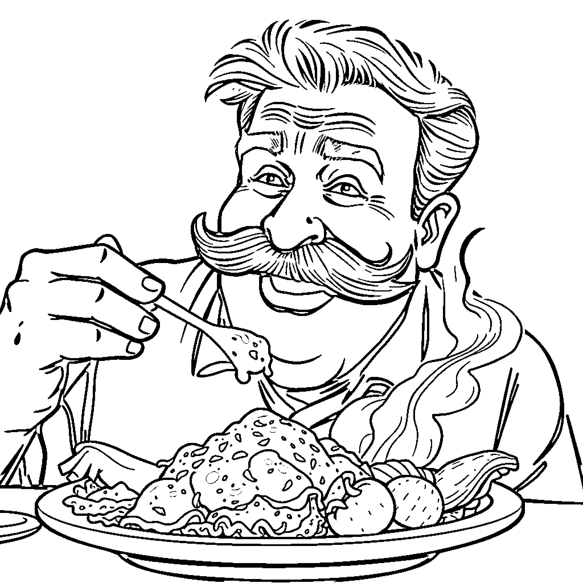 Man Enjoying a Hearty Meal Coloring Page (free black-and-white line drawing printable PDF for all, from beginners to advanced learners, including children, teens, adults, and seniors)