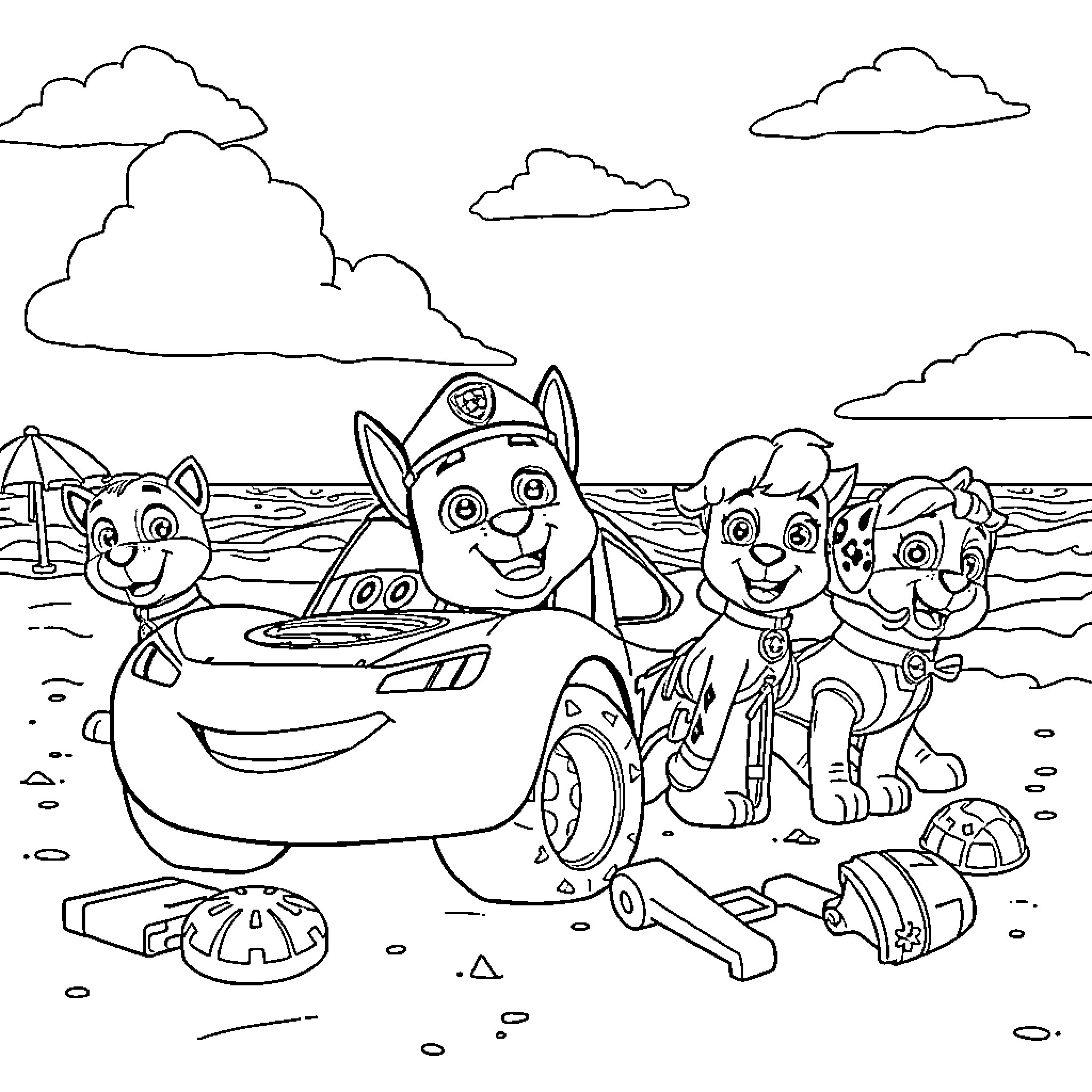 Lightning McQueen and Paw Patrol team up for a beach adventure Coloring Page (free black-and-white line drawing printable PDF for all, from beginners to advanced learners, including children, teens, adults, and seniors)