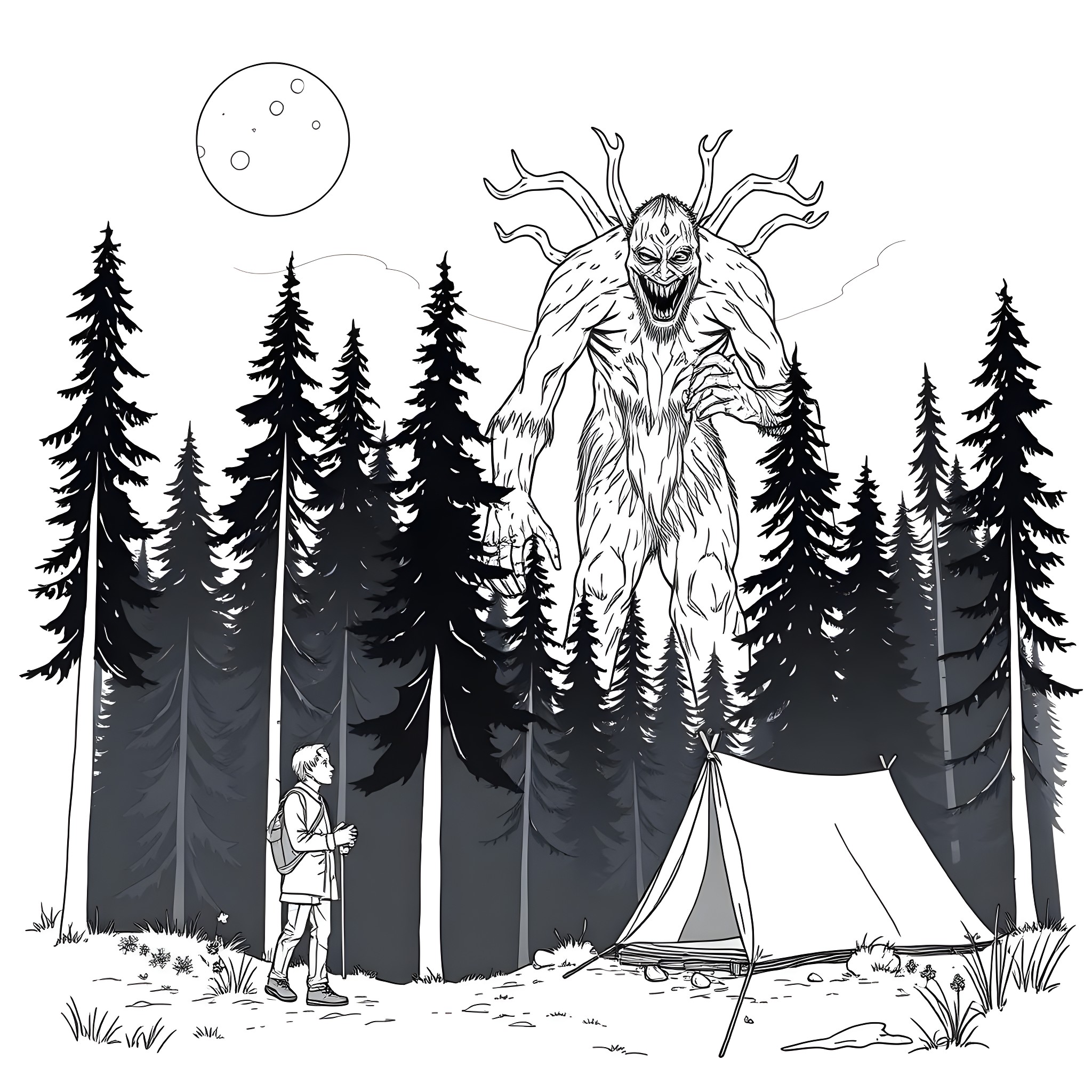 Camper encountering eerie forest creature under moonlight Coloring Page (free black-and-white line drawing printable PDF for all, from beginners to advanced learners, including children, teens, adults, and seniors)