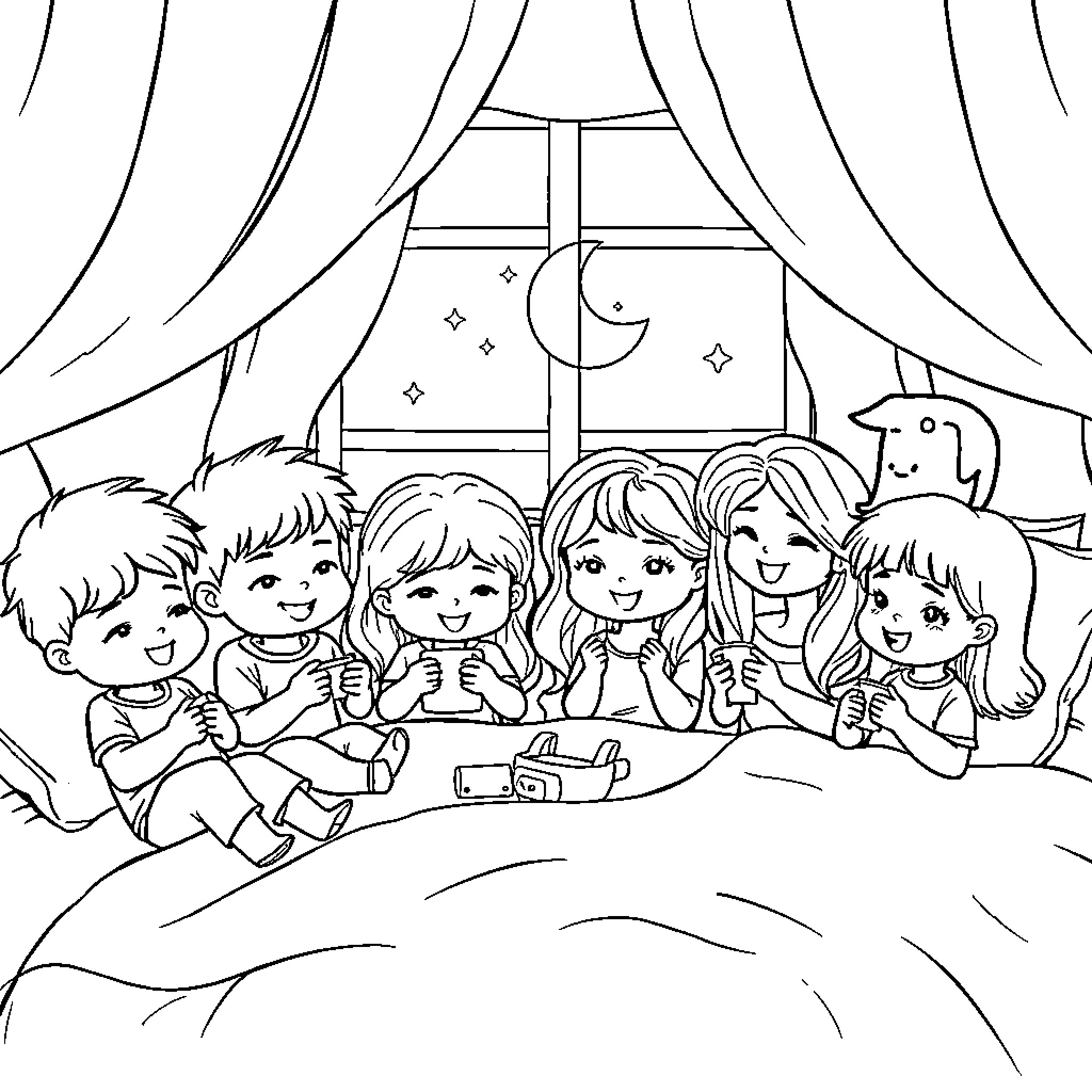 Doll Friends Having a Sleepover Party Coloring Page (free black-and-white line drawing printable PDF for all, from beginners to advanced learners, including children, teens, adults, and seniors)