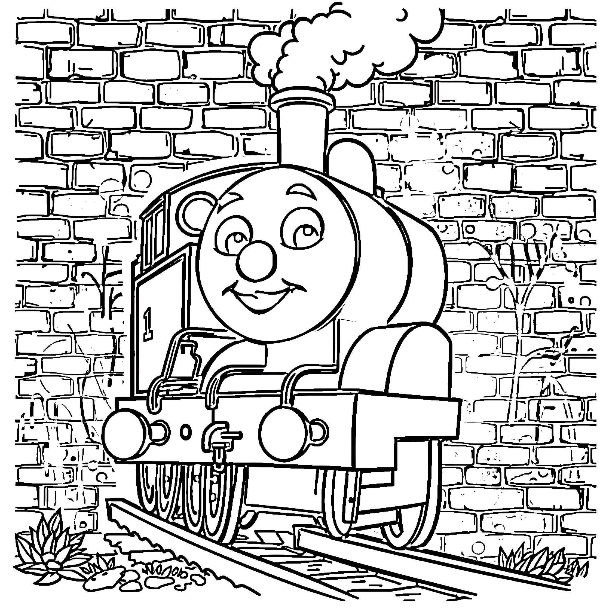 Thomas the Train Chugging Through the Night Coloring Page (free black-and-white line drawing printable PDF for all, from beginners to advanced learners, including children, teens, adults, and seniors)