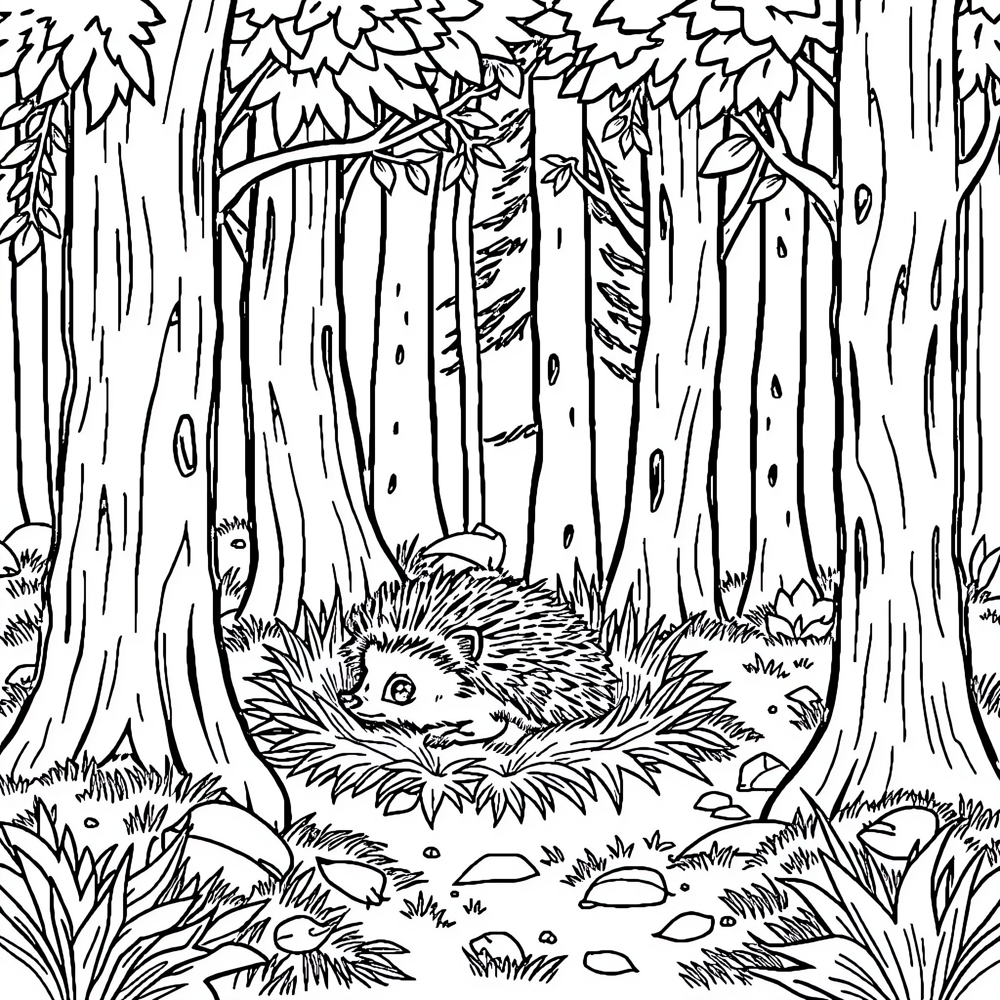 Hedgehog resting in the forest Coloring Page (free black-and-white line drawing printable PDF for all, from beginners to advanced learners, including children, teens, adults, and seniors)