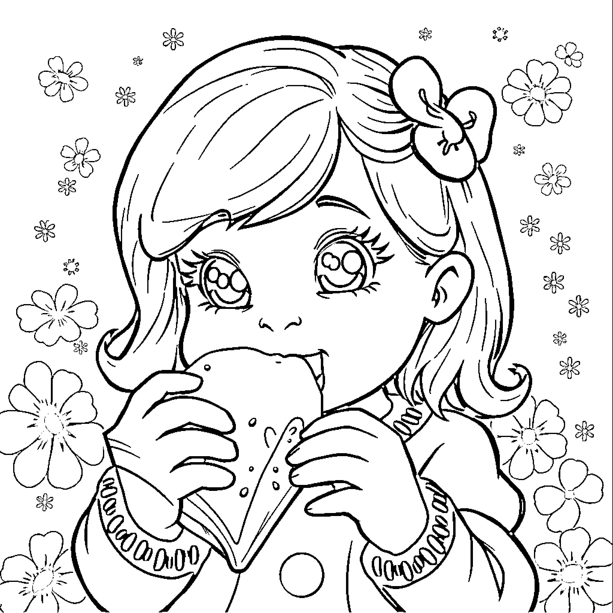 Girl in a floral dress gazing with big eyes Coloring Page (free black-and-white line drawing printable PDF for all, from beginners to advanced learners, including children, teens, adults, and seniors)