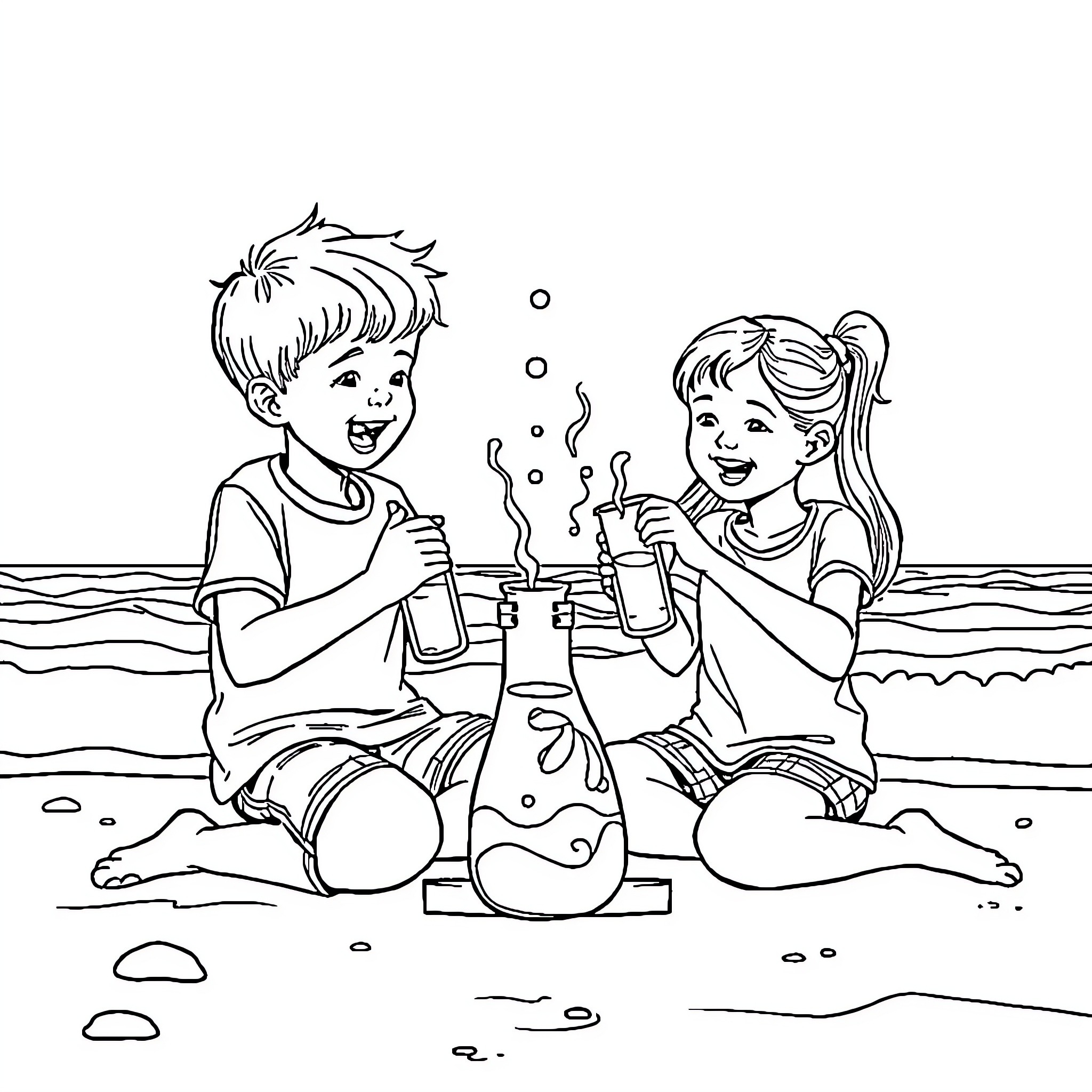 Children enjoying beach adventures together Coloring Page (free black-and-white line drawing printable PDF for all, from beginners to advanced learners, including children, teens, adults, and seniors)