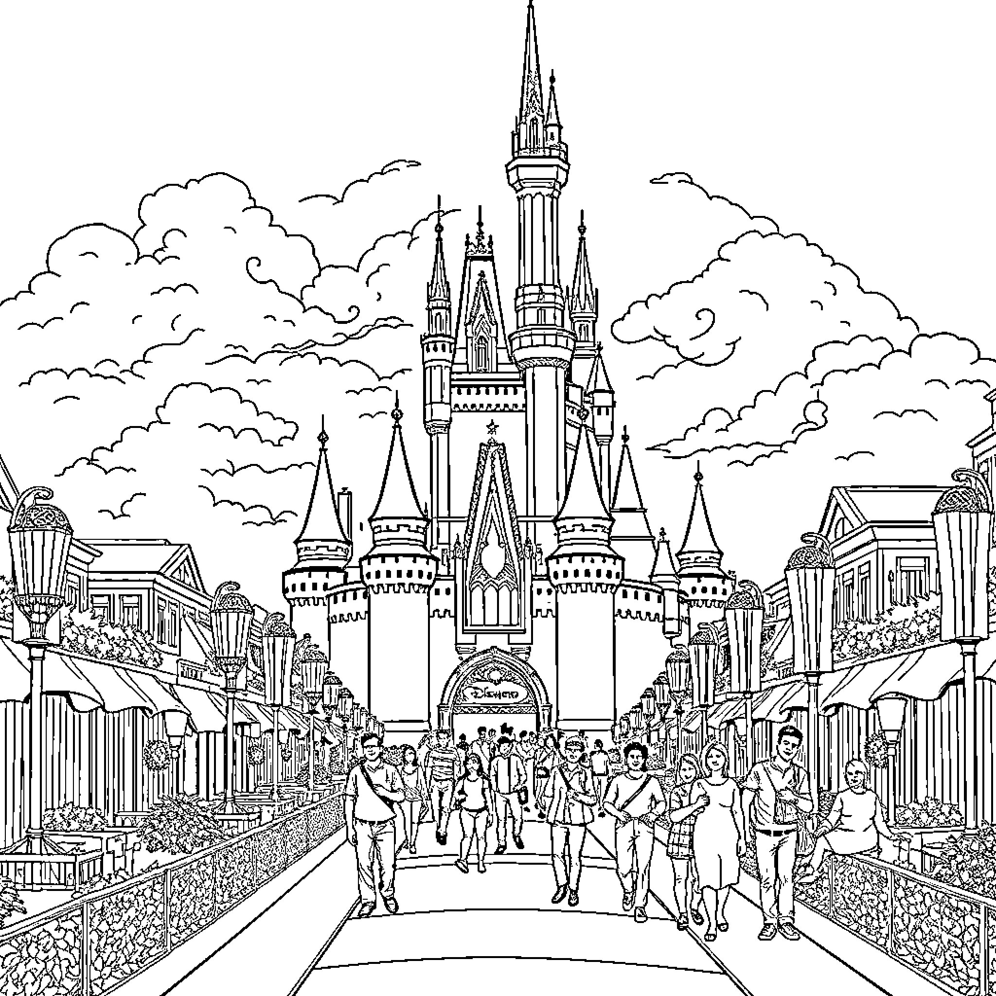 Castle of Dreams and Adventure Coloring Page (free black-and-white line drawing printable PDF for all, from beginners to advanced learners, including children, teens, adults, and seniors)