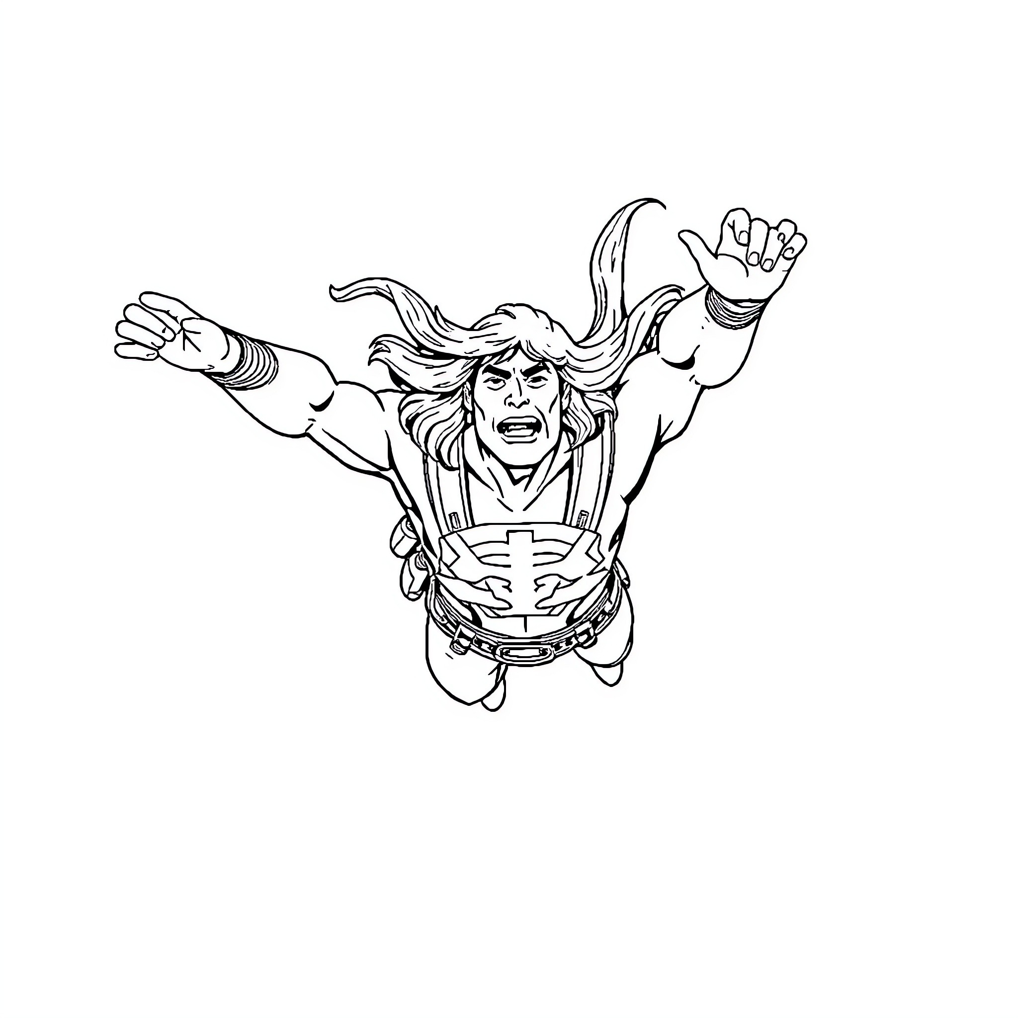 He-Man heroically leaping into action Coloring Page (free black-and-white line drawing printable PDF for all, from beginners to advanced learners, including children, teens, adults, and seniors)