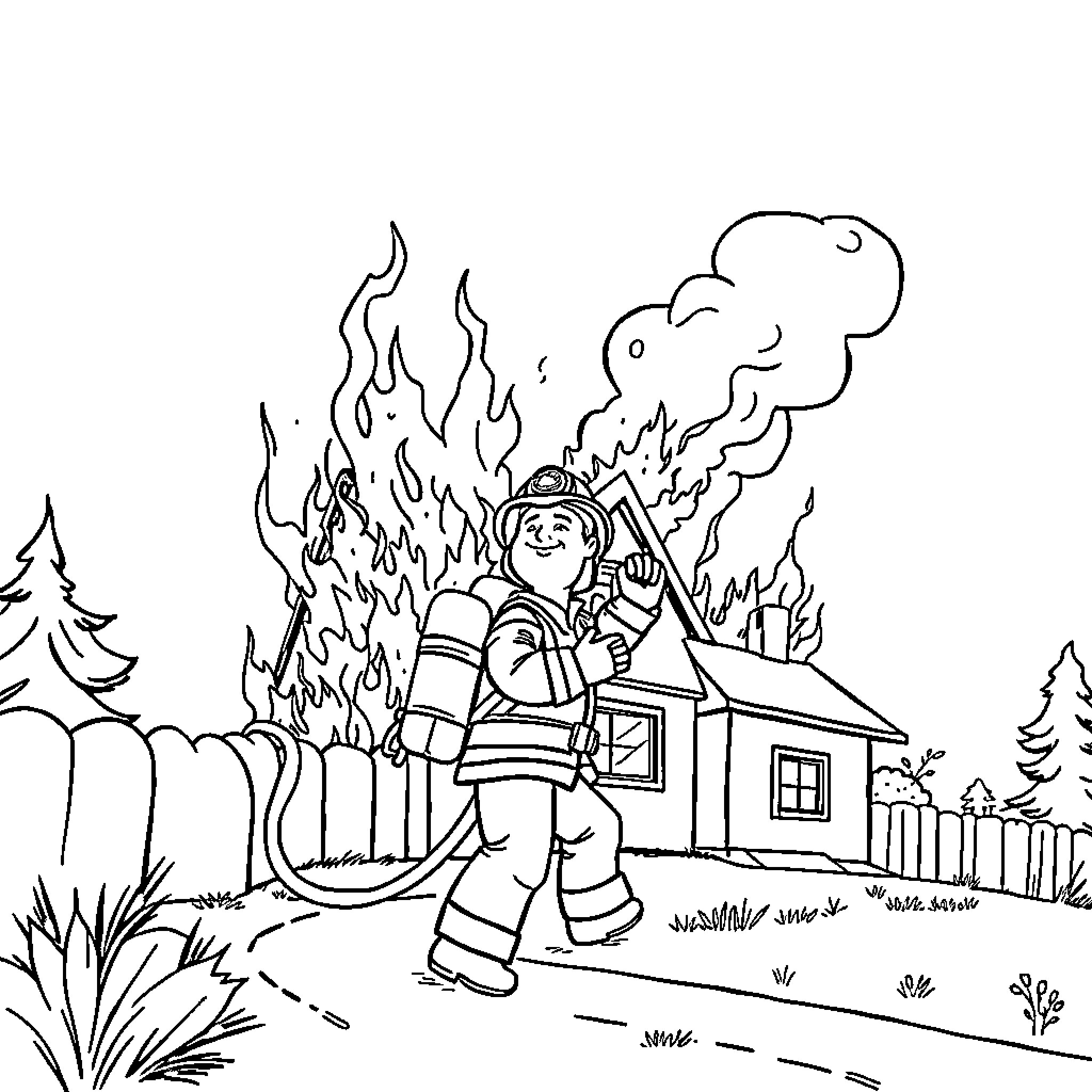 Pompier Firefighter Battling Blaze at Rural Home Coloring Page (free black-and-white line drawing printable PDF for all, from beginners to advanced learners, including children, teens, adults, and seniors)