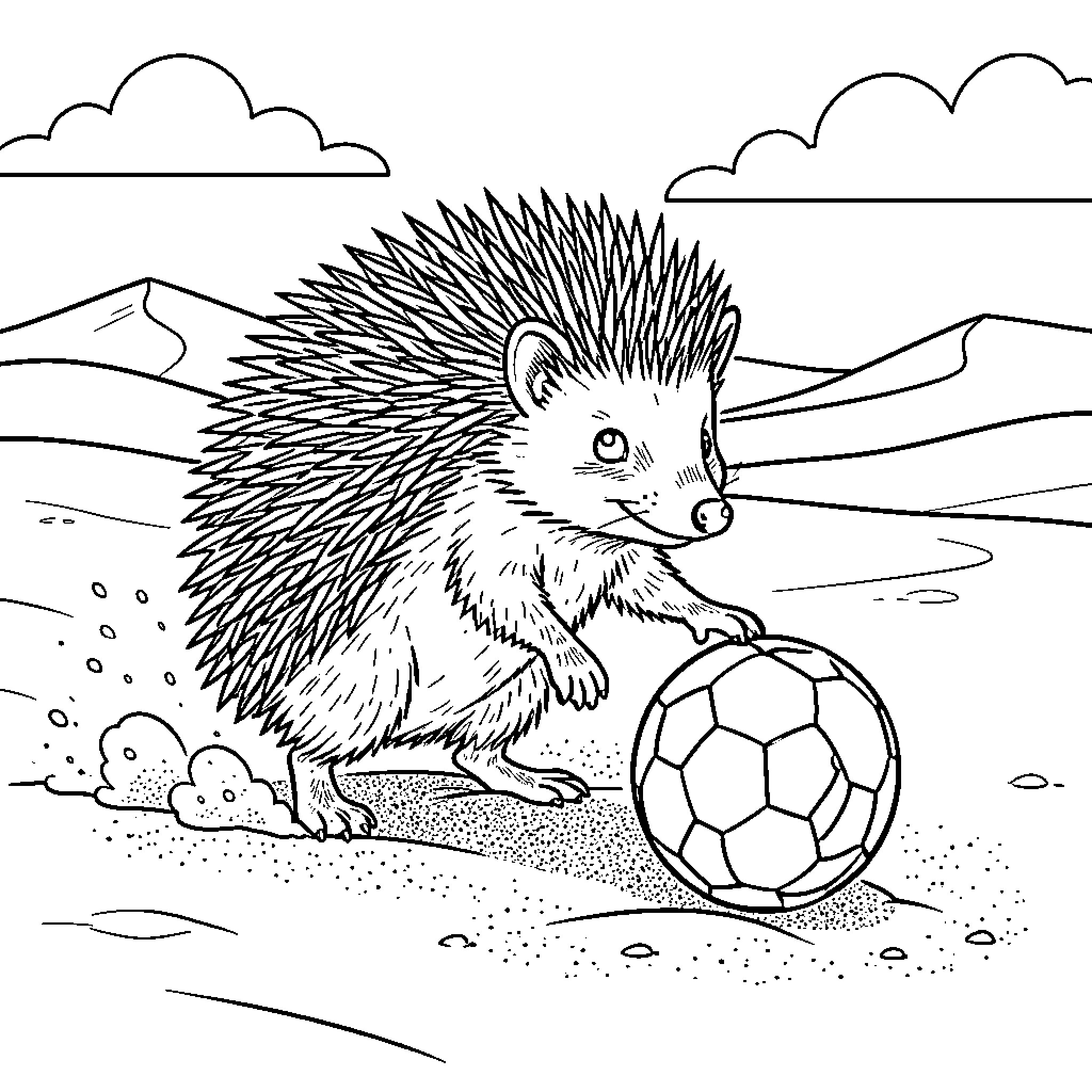 Hedgehog playing with a soccer ball in the desert Coloring Page (free black-and-white line drawing printable PDF for all, from beginners to advanced learners, including children, teens, adults, and seniors)