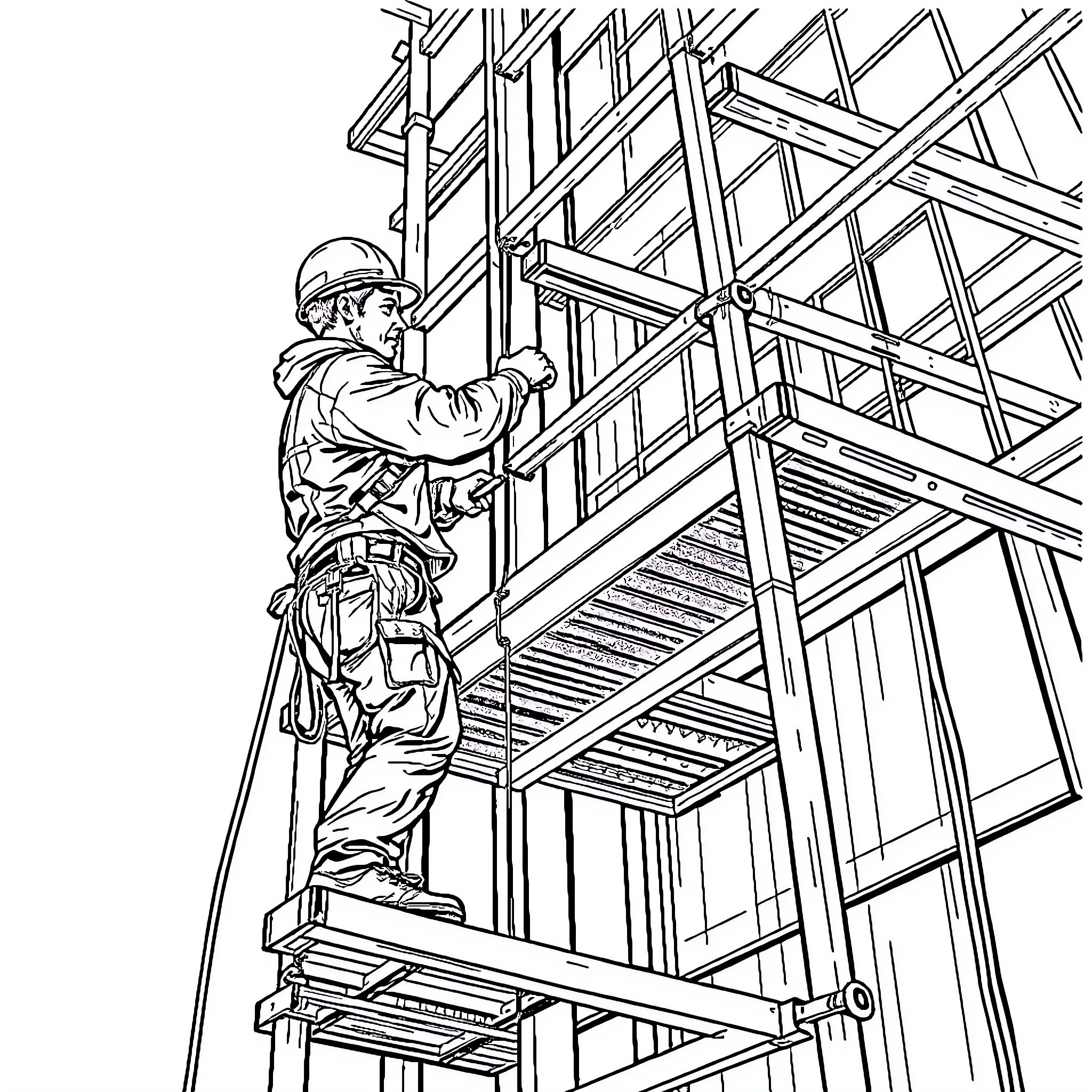 Rigger working diligently on construction scaffolding Coloring Page (free black-and-white line drawing printable PDF for all, from beginners to advanced learners, including children, teens, adults, and seniors)