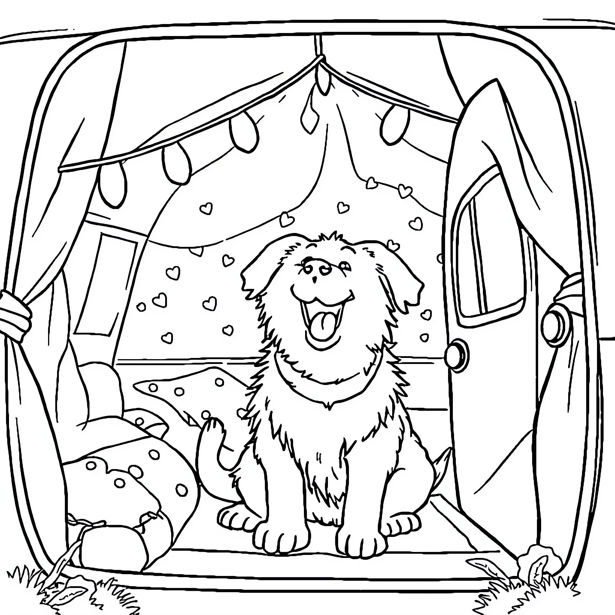 Dog enjoying the cozy tent in the wild Coloring Page (free black-and-white line drawing printable PDF for all, from beginners to advanced learners, including children, teens, adults, and seniors)