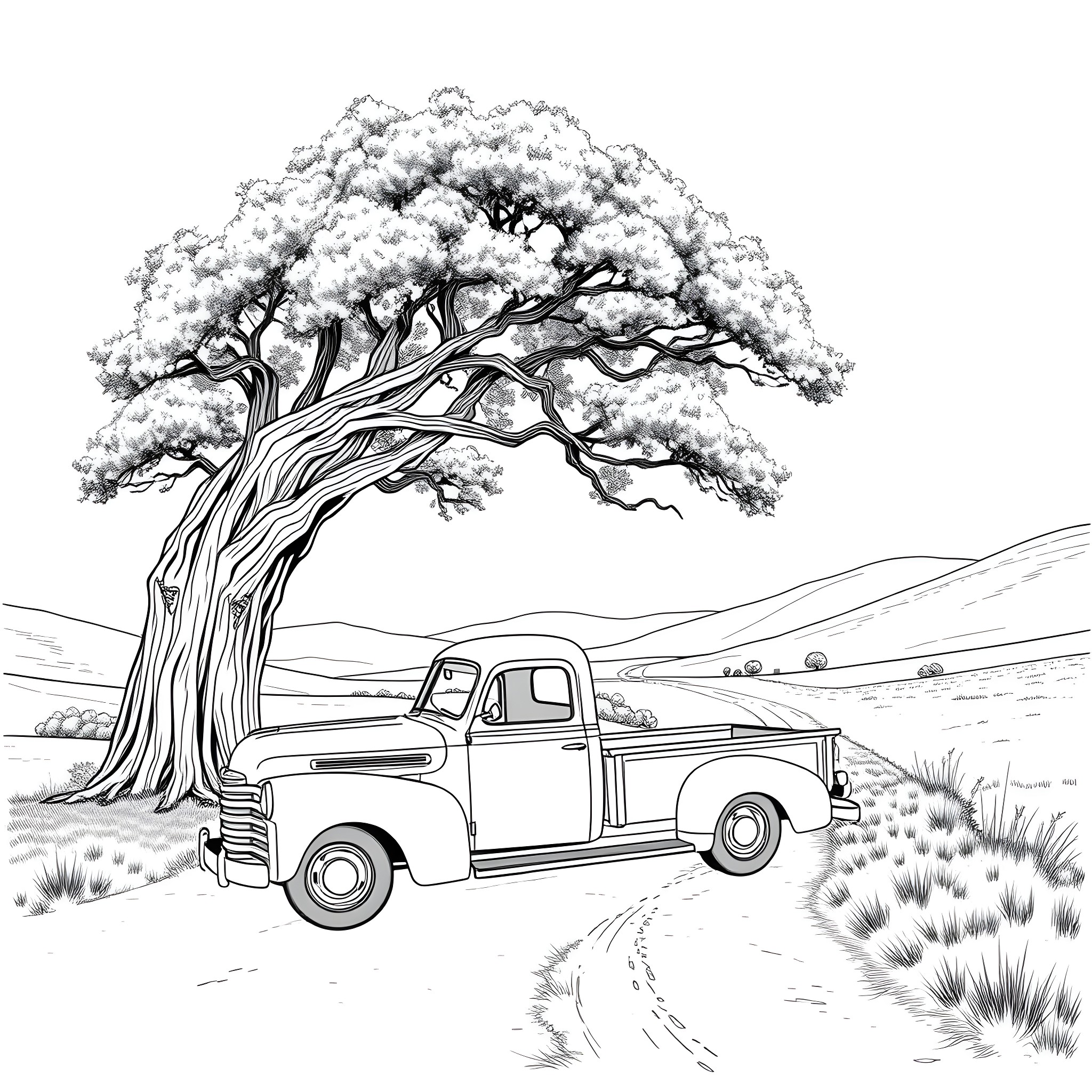 Truck passing by snowy tree in winter landscape Coloring Page (free black-and-white line drawing printable PDF for all, from beginners to advanced learners, including children, teens, adults, and seniors)