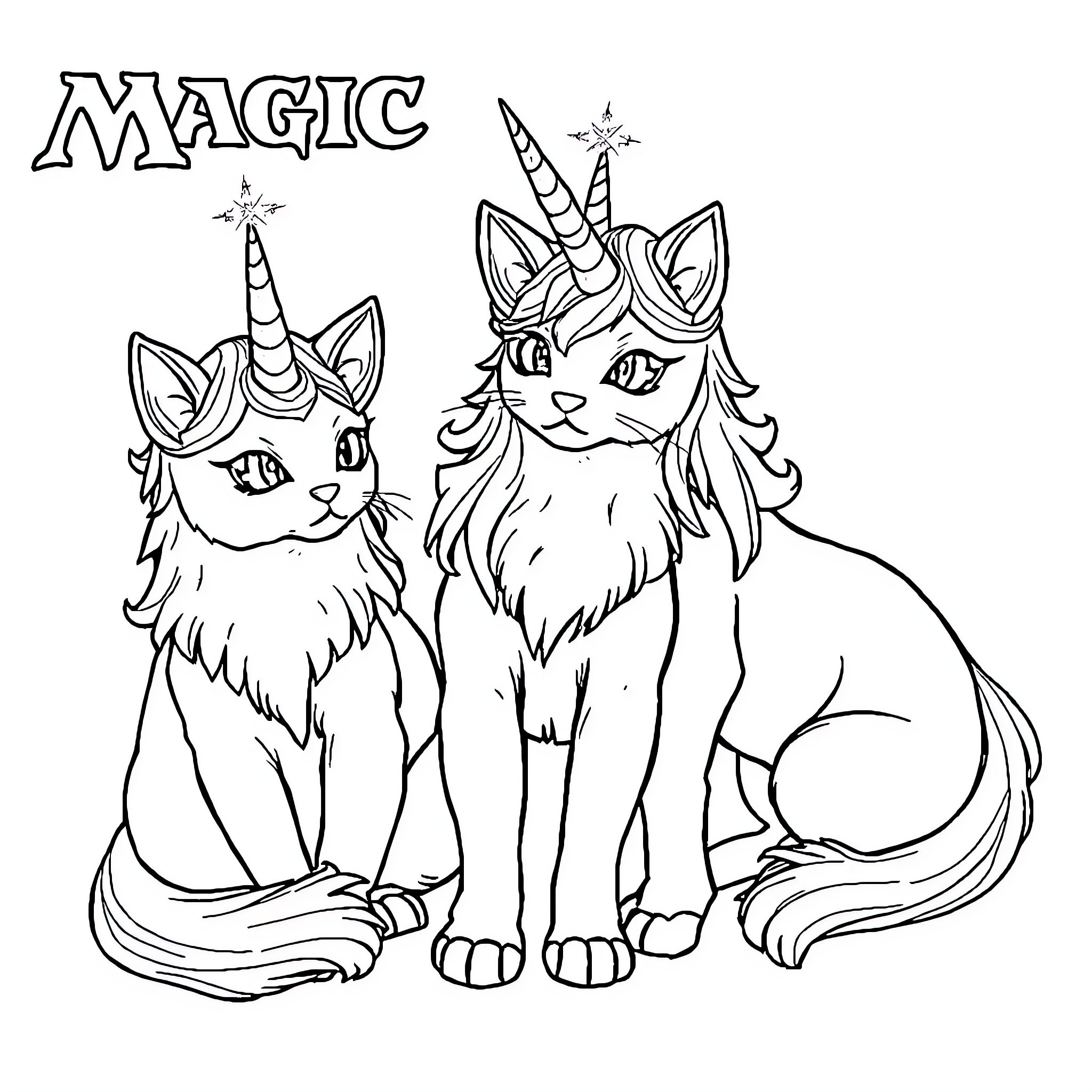 Unicorn cats performing magical tricks Coloring Page (free black-and-white line drawing printable PDF for all, from beginners to advanced learners, including children, teens, adults, and seniors)