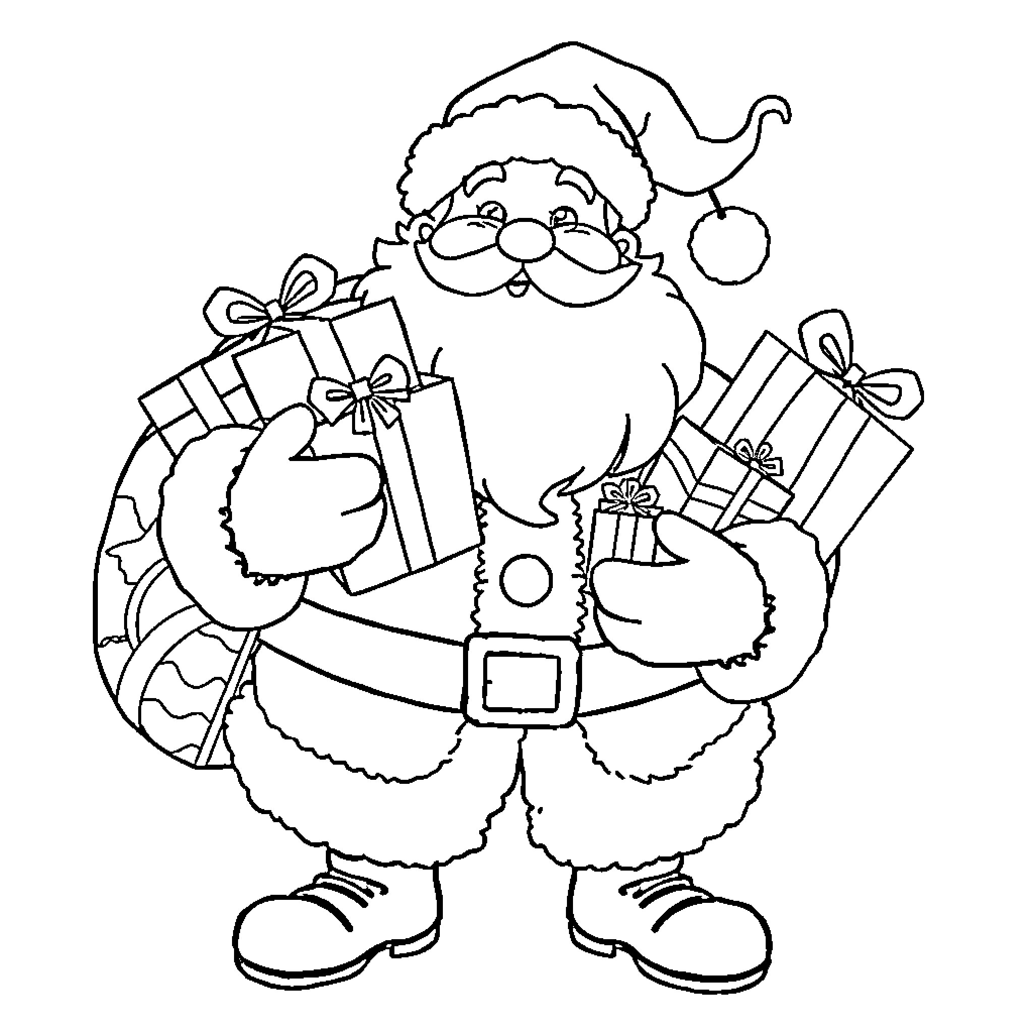 Santa Claus carrying gifts and sack Coloring Page (free black-and-white line drawing printable PDF for all, from beginners to advanced learners, including children, teens, adults, and seniors)