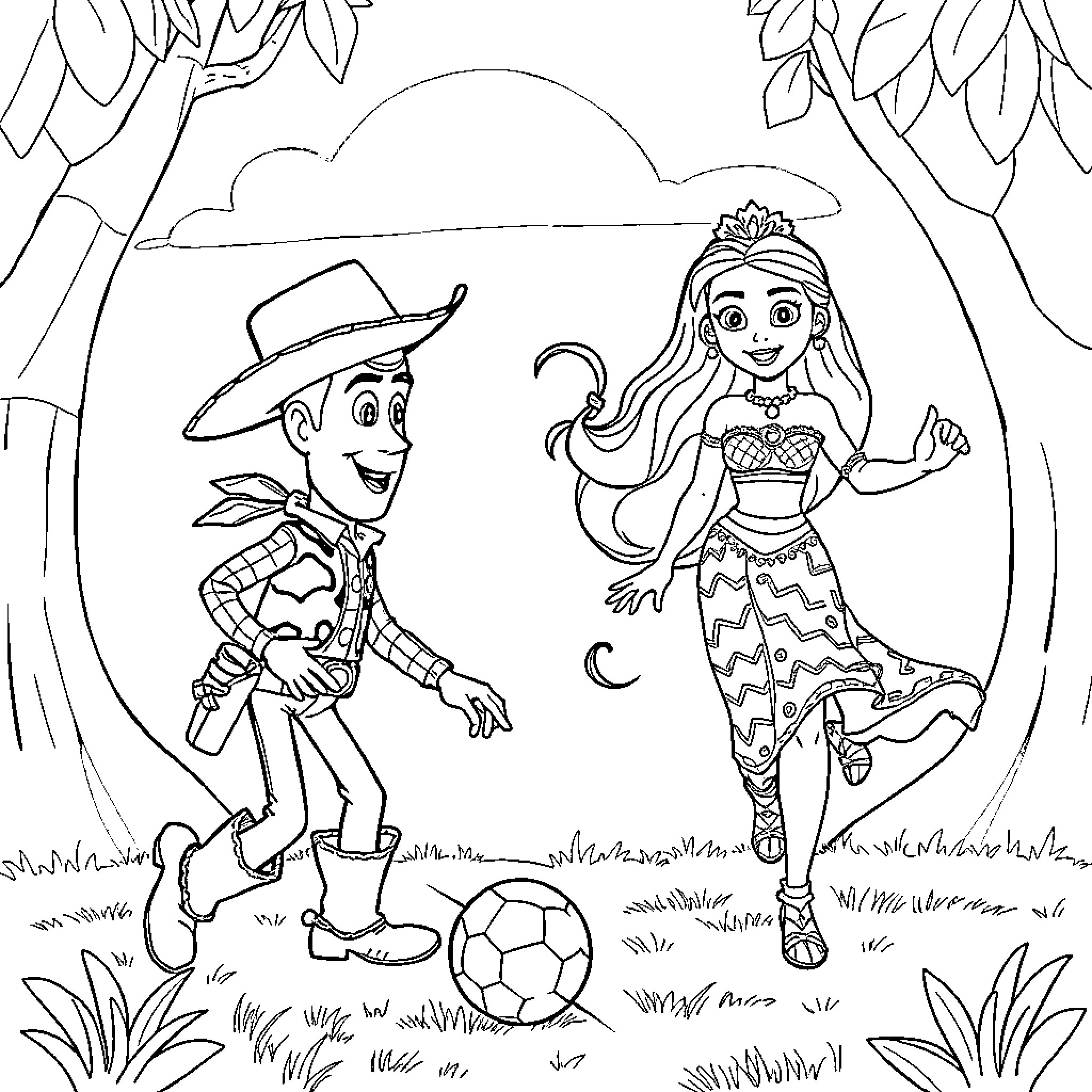 Woody's Wild Adventure with Princess Coloring Page (free black-and-white line drawing printable PDF for all, from beginners to advanced learners, including children, teens, adults, and seniors)