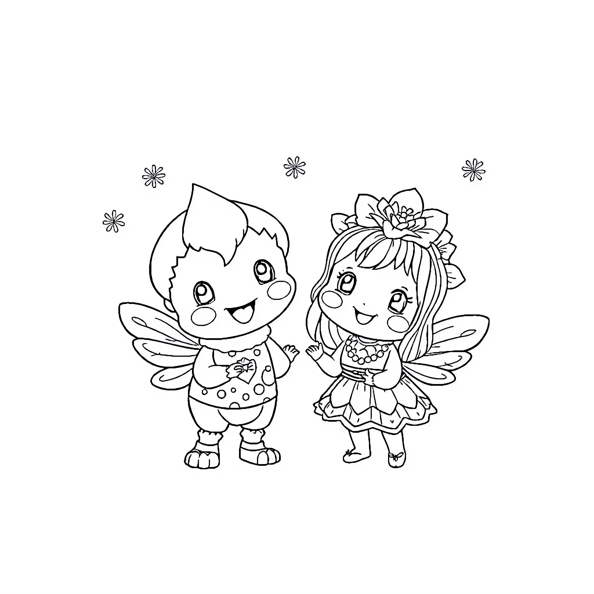 Labubu fairies playing happily together Coloring Page (free black-and-white line drawing printable PDF for all, from beginners to advanced learners, including children, teens, adults, and seniors)