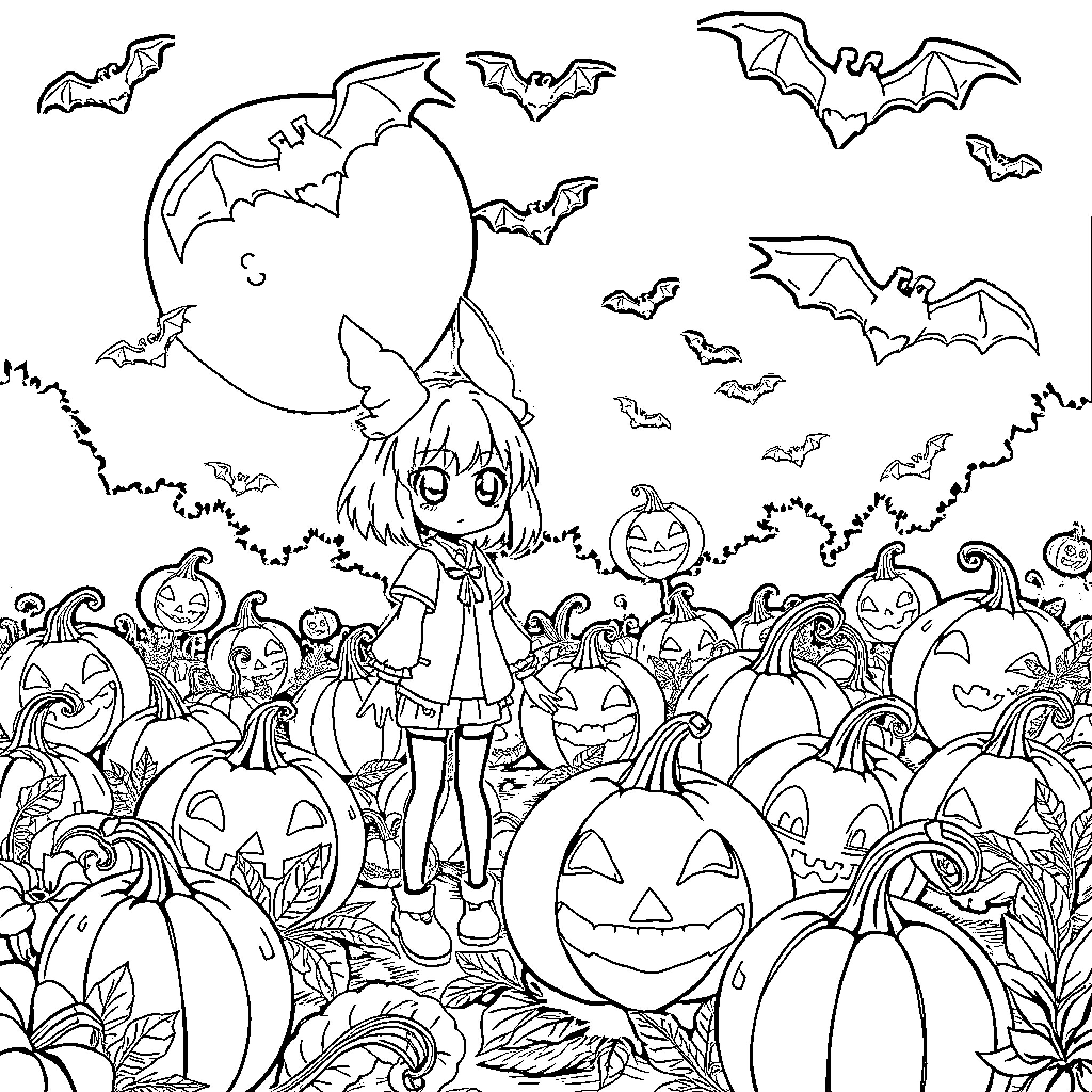 Kuromi's Spooktacular Halloween Adventure Coloring Page (free black-and-white line drawing printable PDF for all, from beginners to advanced learners, including children, teens, adults, and seniors)