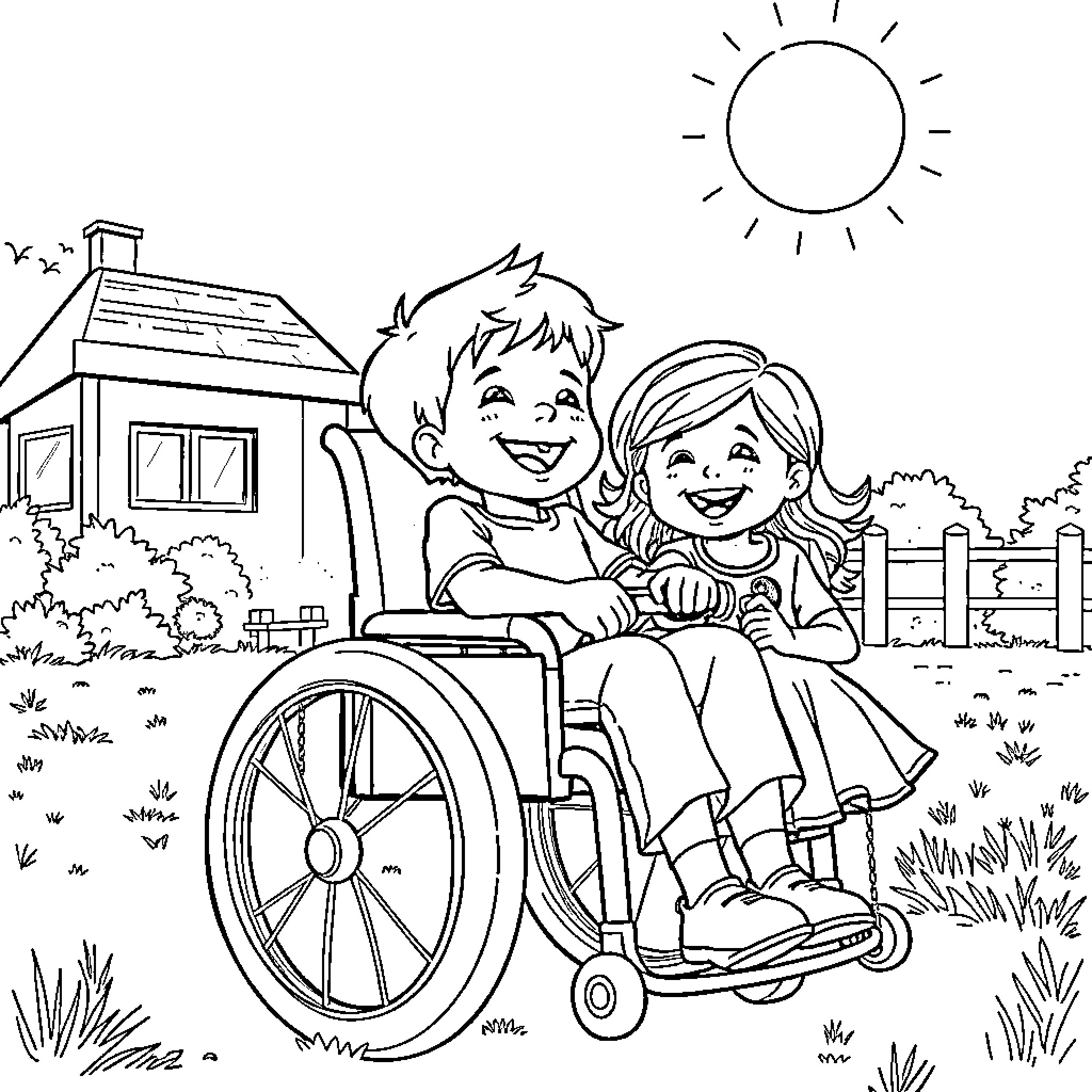 Child enjoying an outing with friend in wheelchair Coloring Page (free black-and-white line drawing printable PDF for all, from beginners to advanced learners, including children, teens, adults, and seniors)