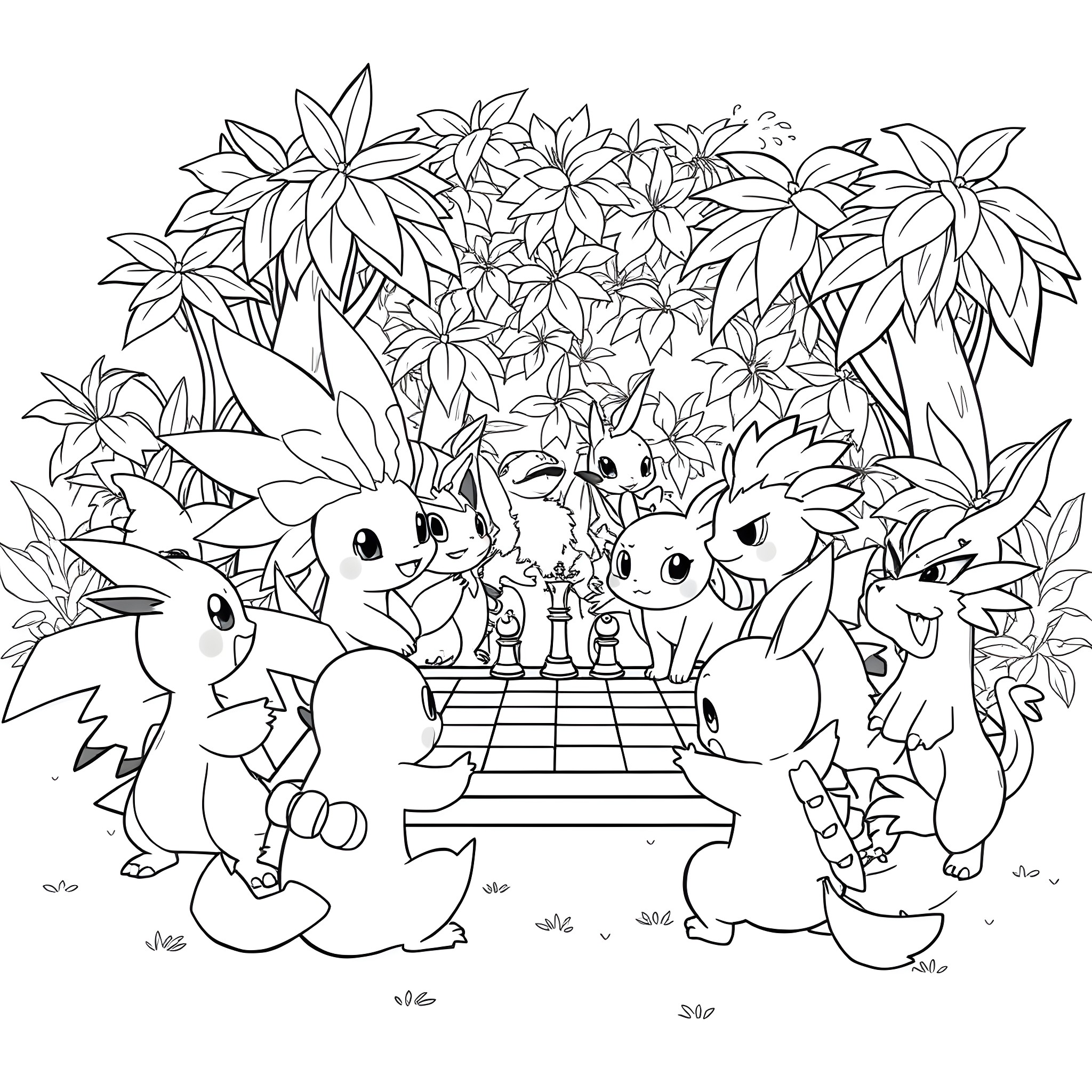 Pokémon characters playing chess in the forest Coloring Page (free black-and-white line drawing printable PDF for all, from beginners to advanced learners, including children, teens, adults, and seniors)