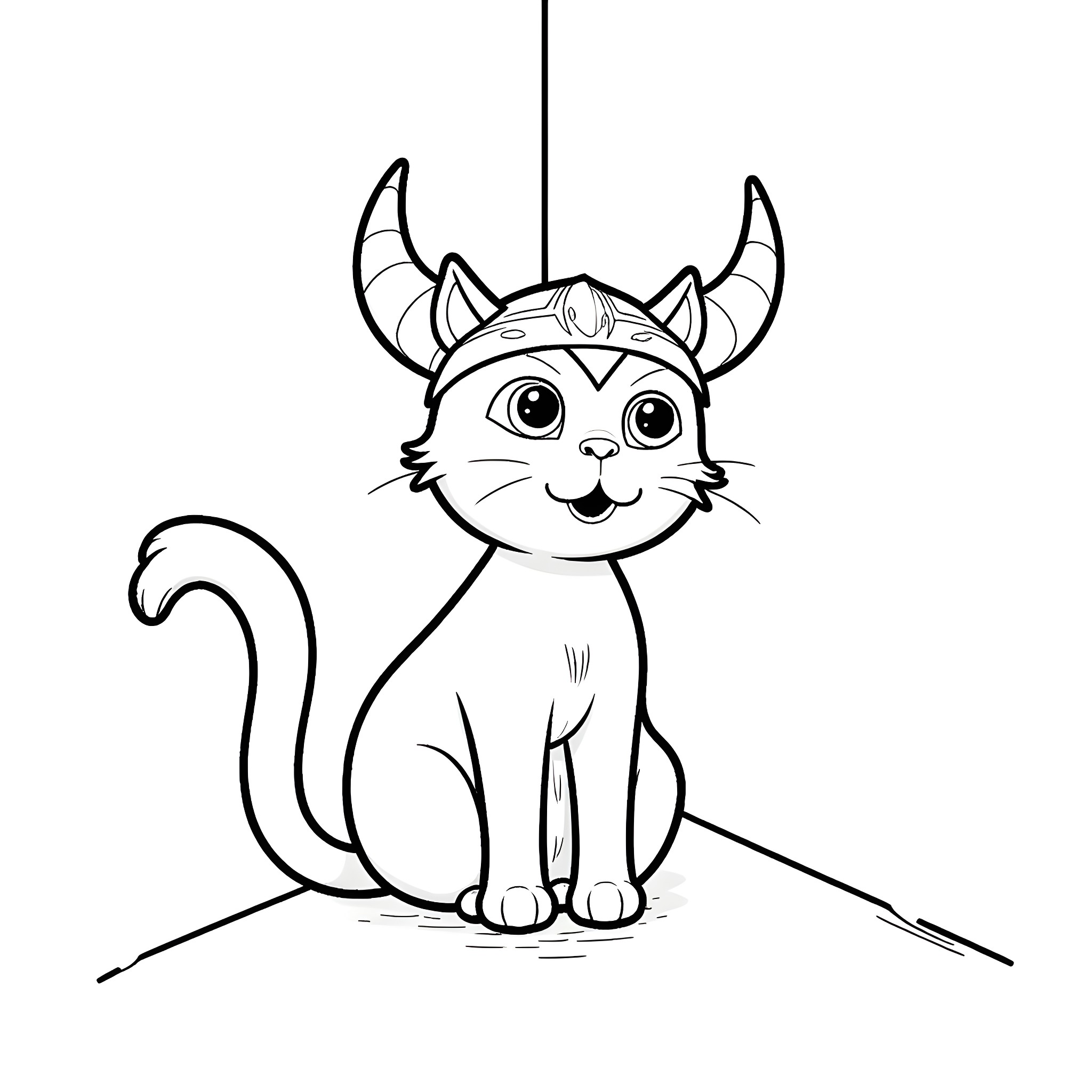 Cat wearing a horned helmet Coloring Page (free black-and-white line drawing printable PDF for all, from beginners to advanced learners, including children, teens, adults, and seniors)