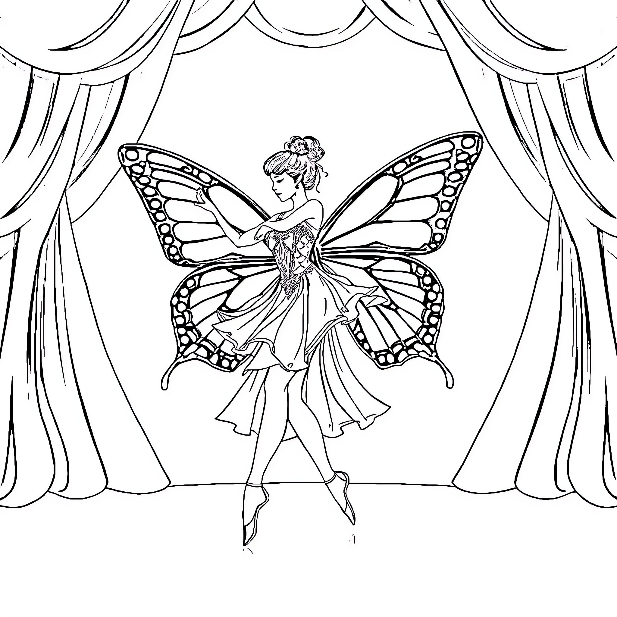 Bailarina with butterfly wings performing on stage Coloring Page (free black-and-white line drawing printable PDF for all, from beginners to advanced learners, including children, teens, adults, and seniors)