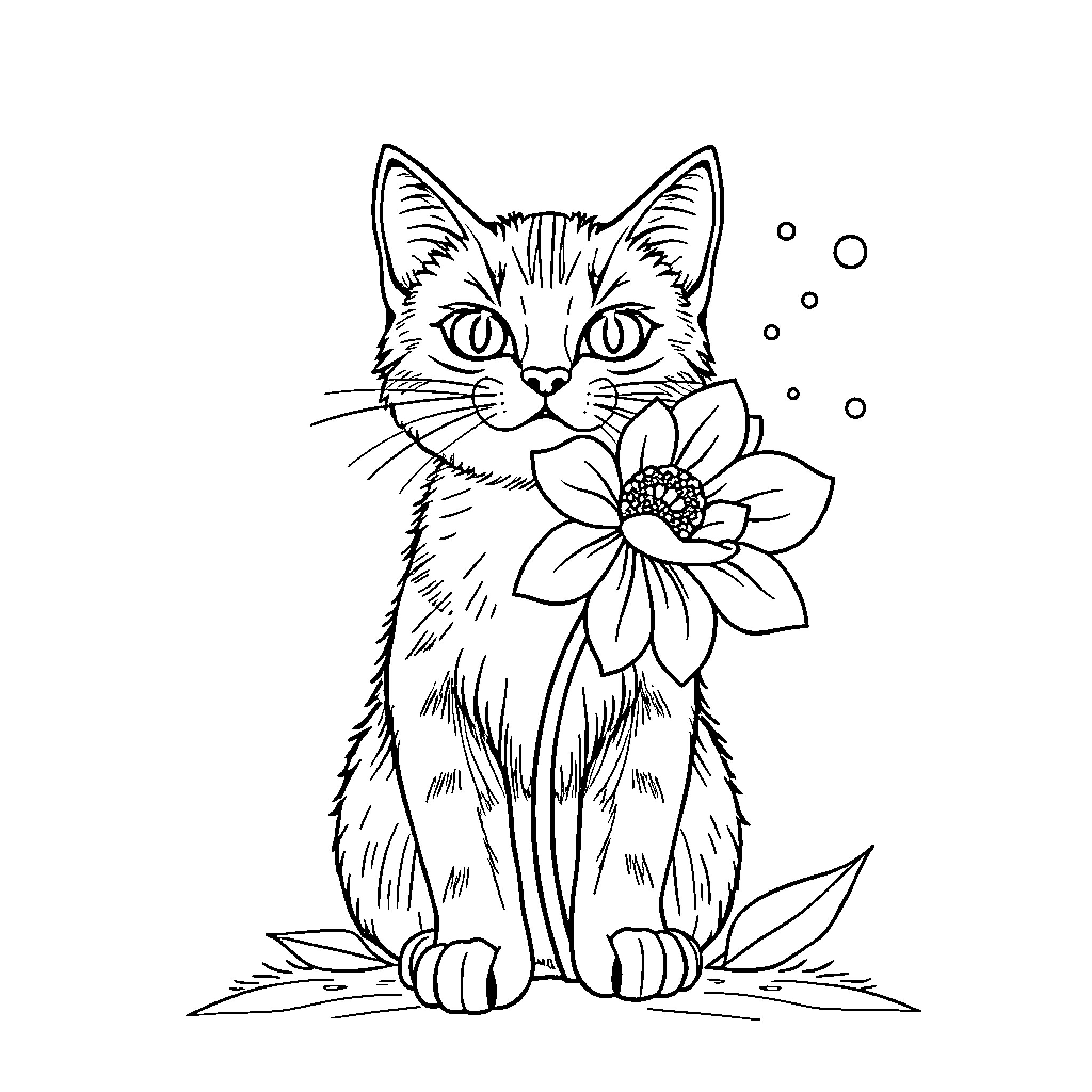 Cat with a Flower Companion Coloring Page (free black-and-white line drawing printable PDF for all, from beginners to advanced learners, including children, teens, adults, and seniors)
