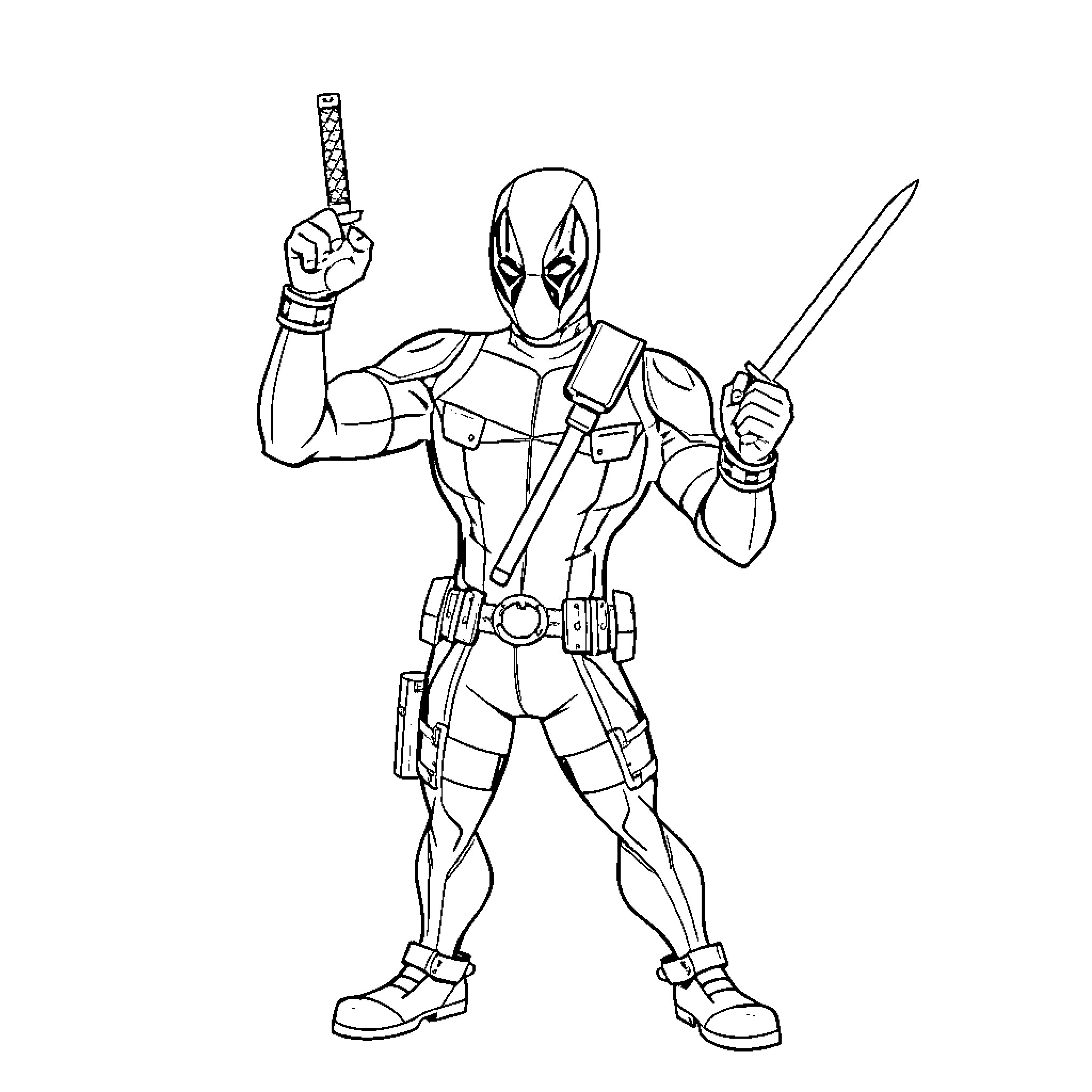 Deadpool in action with sword and hand gesture Coloring Page (free black-and-white line drawing printable PDF for all, from beginners to advanced learners, including children, teens, adults, and seniors)