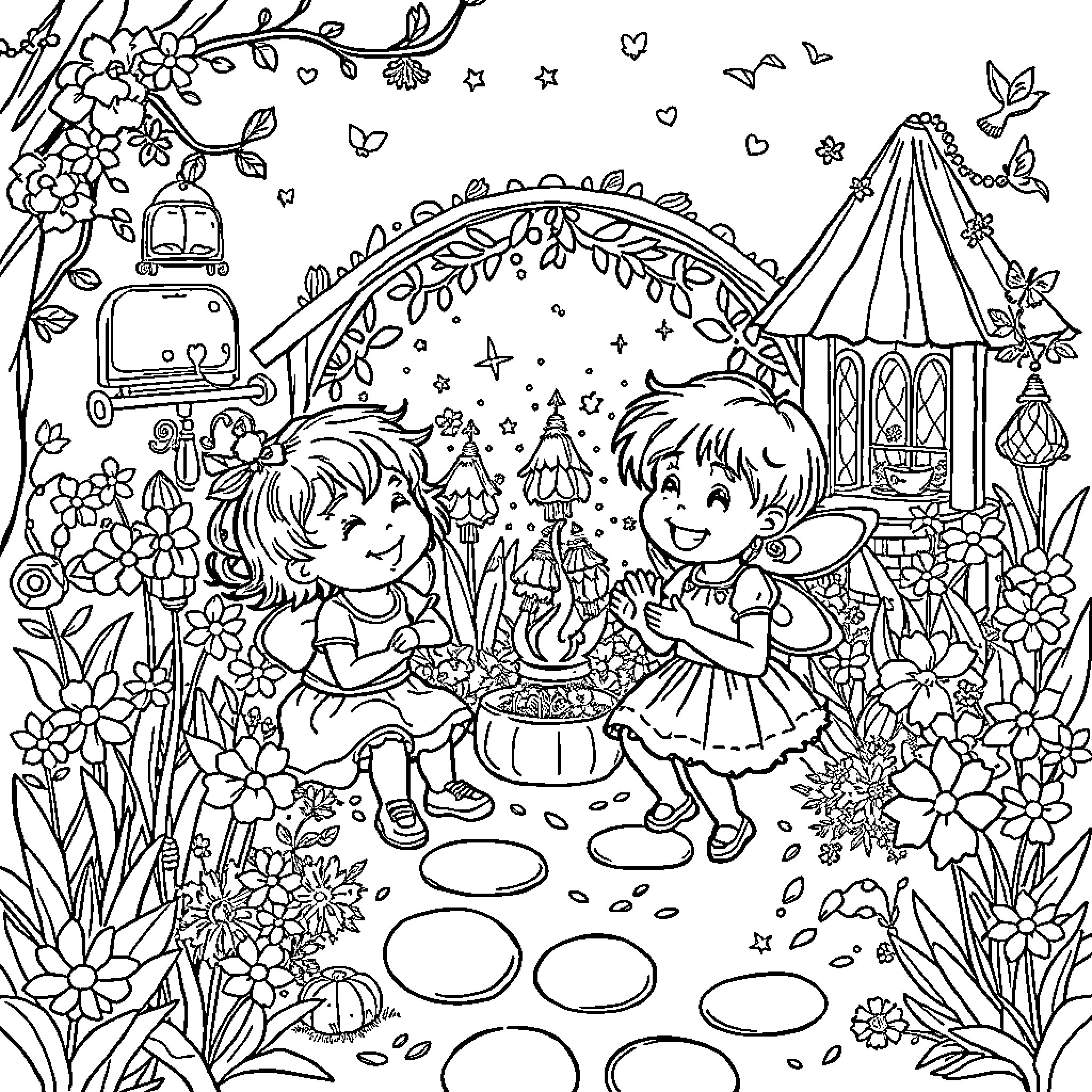 Child playing in whimsical fantasy garden Coloring Page (free black-and-white line drawing printable PDF for all, from beginners to advanced learners, including children, teens, adults, and seniors)