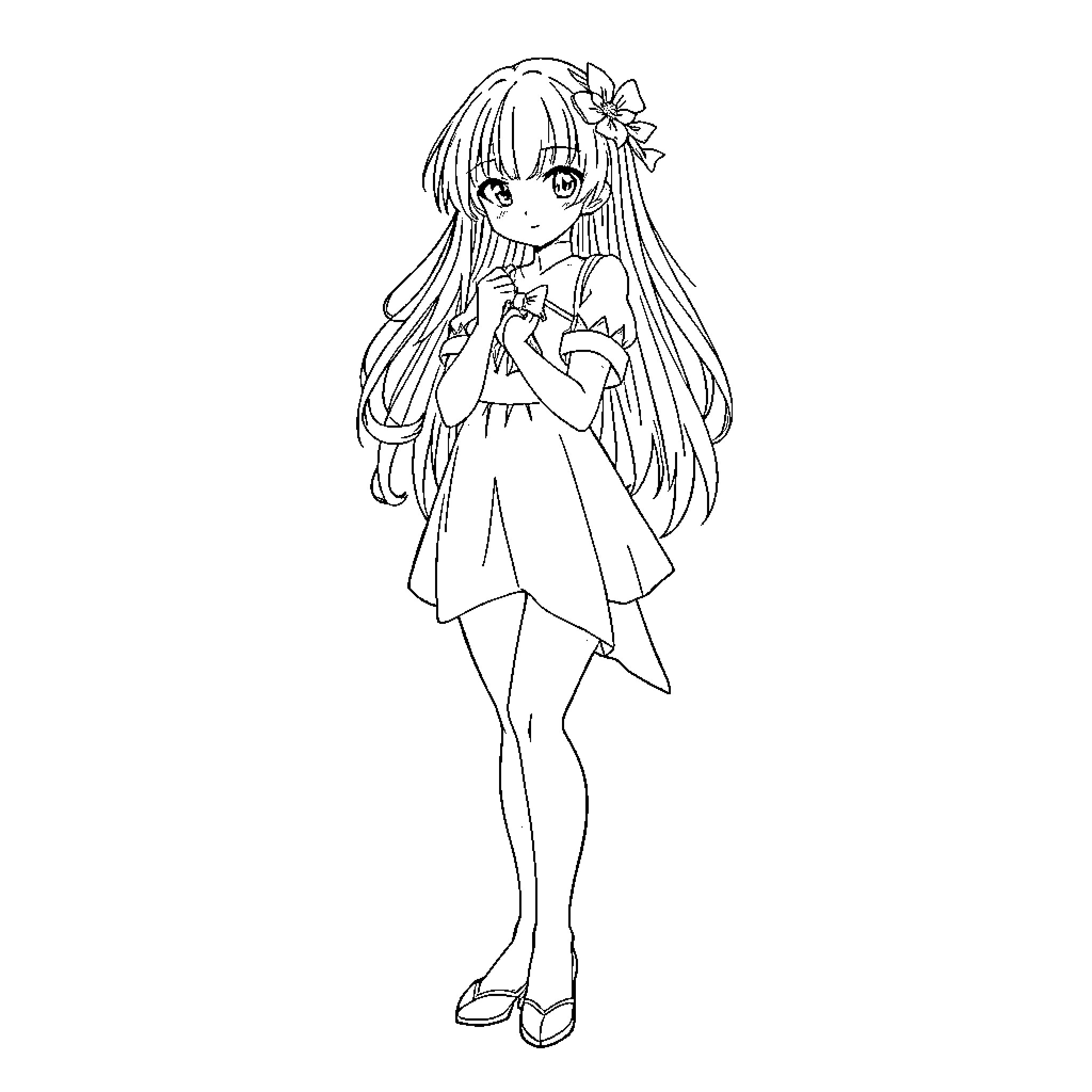 Orihime posing gracefully in white dress Coloring Page (free black-and-white line drawing printable PDF for all, from beginners to advanced learners, including children, teens, adults, and seniors)